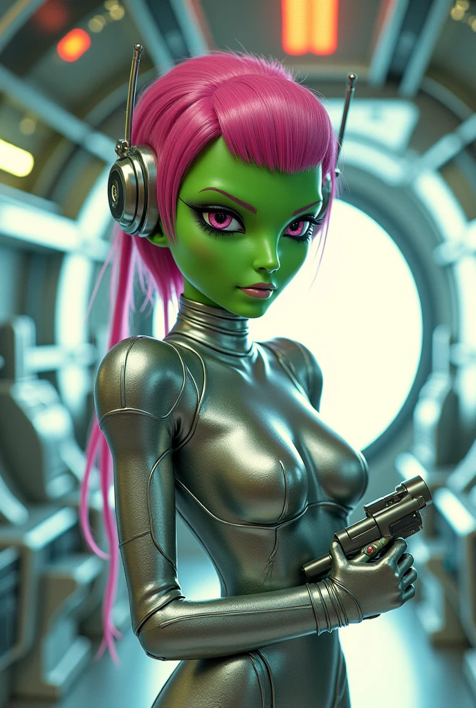best quality,ultra-detailed,realistic,photorealistic:1.37,alien girl in space clothes,green-skinned appearance of Martian,staring at the viewer,perfect female human body,inside a spaceship