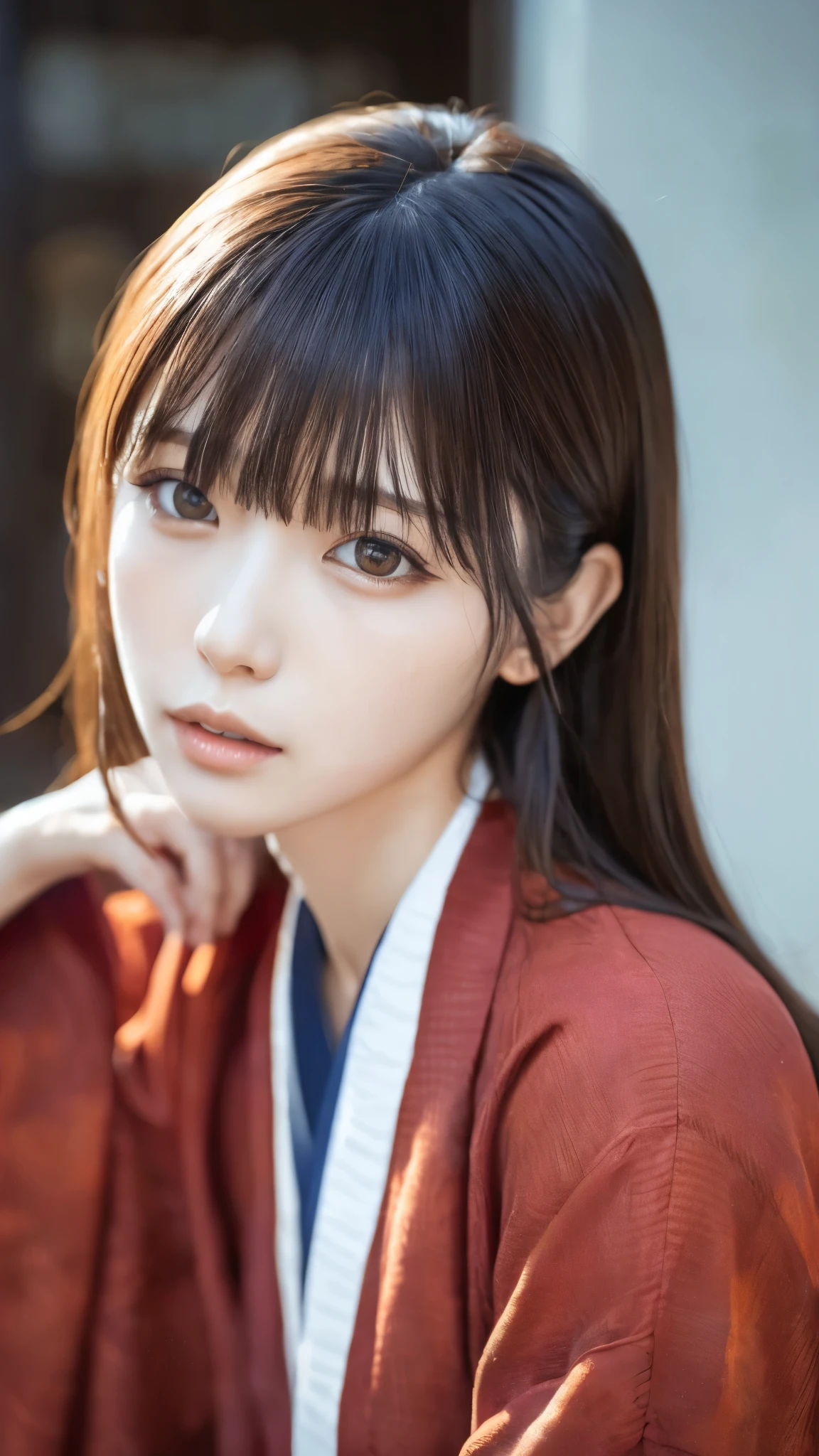 ((masterpiece, best quality , high resolution)), 1 girl , ( realistic: 1.4), Alone, Closed Her Mouth , White Hair, long hair, stand on end hair, long hair, long hair, big eyes, red glowing eyes , transparent double eyelid , eyelash, Listen carefully, Long neck, attractive proportions, shiny skin, golden ratio face , perfect face, serious expression, lip gloss , thin lips, White shiny kimono ,Red Hakama,