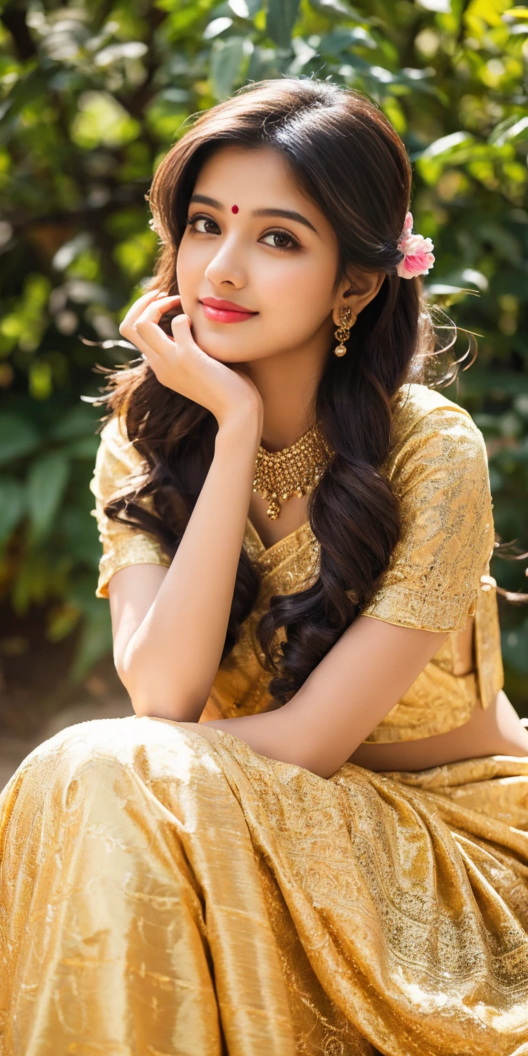 8K, ultra high detailed, an indian girl, cute face, happy, long hair, impressive hairstyle, detailed eyes, detailed lips, indian clothes, saree, yello saree, lace, wearing jewellery, nature background, beautiful flowers, morning, shadow, beautiful clear weather, whole body capture, seating with cat