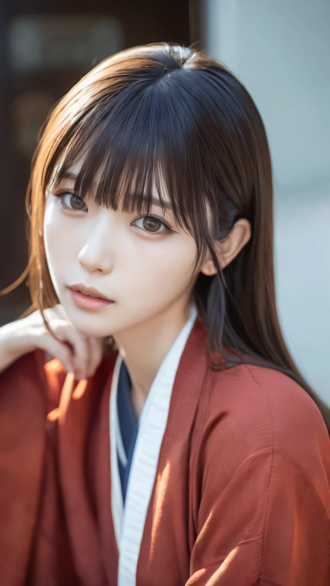 ((masterpiece, best quality , high resolution)), 1 girl , ( realistic: 1.4), Alone, Closed Her Mouth , White Hair, long hair, stand on end hair, long hair, long hair, big eyes, red glowing eyes , transparent double eyelid , eyelash, Listen carefully, Long neck, attractive proportions, shiny skin, golden ratio face , perfect face, serious expression, lip gloss , thin lips, White shiny kimono ,Red Hakama,