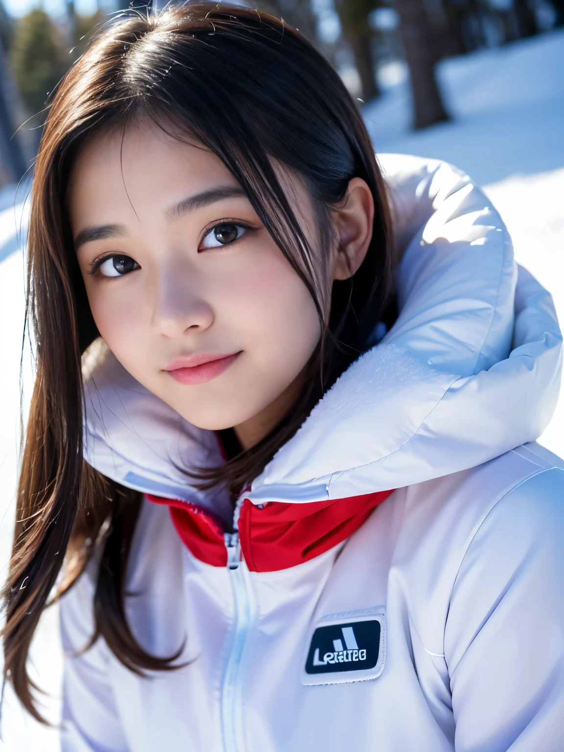 “(best quality,4k,8k,highres,masterpiece:1.2),ultra-detailed,(realistic,photorealistic,photo-realistic:1.37),portrait,light,blush:1.1,blonde hair,brown hair,winter clothes,girl,smiling,looking at the viewer,warm smile,red cheeks,braided hair,simple background, track uniform,open mouth,fringe,swept fringe,fur,