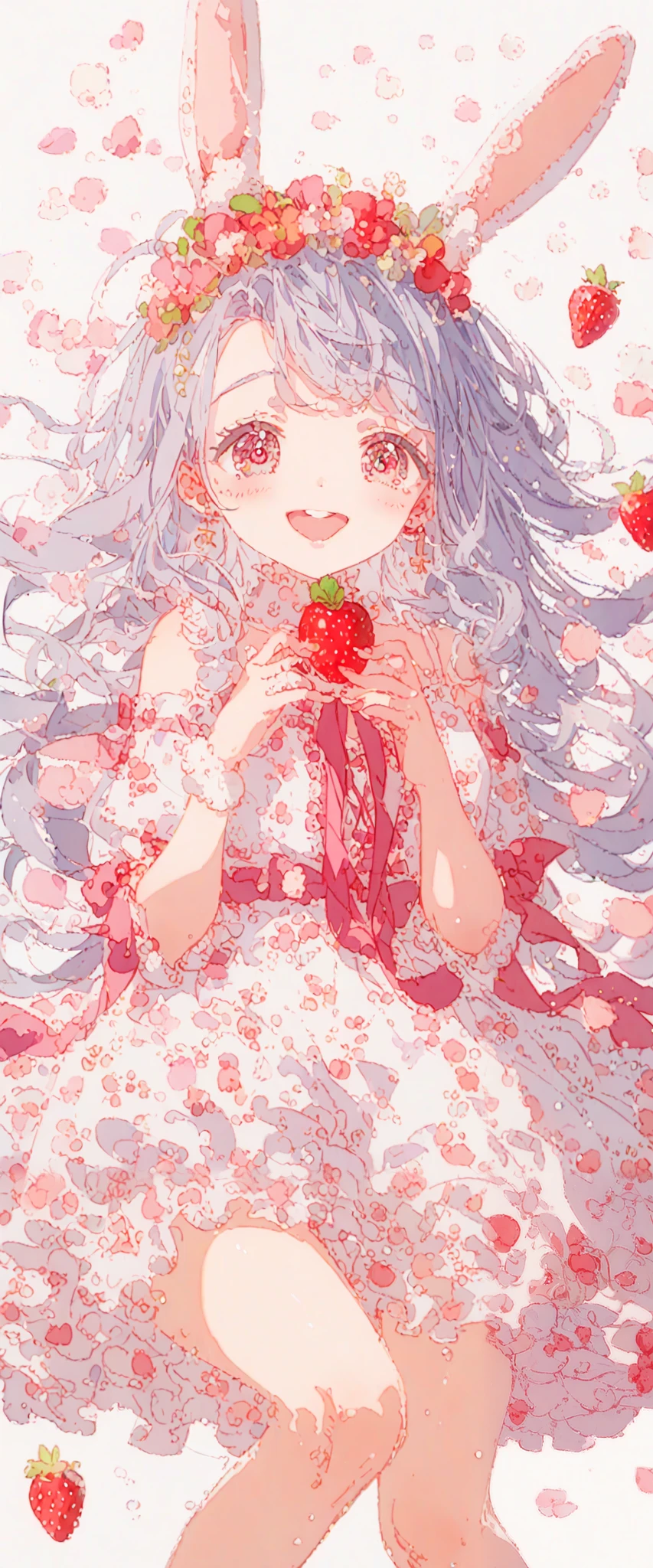1 girl 、(PastelColors:1.3)、(Cute illustration:1.3)、(watercolor paiting:1.1)、highest quality, masterpiece, Surreal, High resolution, very detailed, 8k, (one girl:1.3), cute, anime, clear white skin,Yumekawa、fancy、pastel、Pink and light blue, cross-shaped pupils,Rabbit ears:1.0、 offer strawberries、Physical education sitting、 (PastelColors:1.3)、(Cute illustration:1.3)、(watercolor paiting:1.3)、2girls:1.3、Detailed background、Smile with open mouth、close your eyes and laugh、Beautifully detailed、My、colourfull、marble、Particles of light、patterns、Double Layer Dress、Detailed drawing、Vibrant colors、striking contrast、intricate detailes、Delicate depiction、Luminescent、full body Esbian、Beautiful facial features、Brightly colored eyes、Wearing intricate and delicate ornaments、glowing aura、Radiant hair,Morning light、White and red motifs、Red ribbons、Strawberry wreath background、,Thick wool gown:0.8、sweet、Cute as a dream、full body ta、laugh, happy smiley、 have a smiling smile 、holding bunch of flowers、reacing outflowers、The entire background is pale purple、Purple Fantasy,reacing outflowers