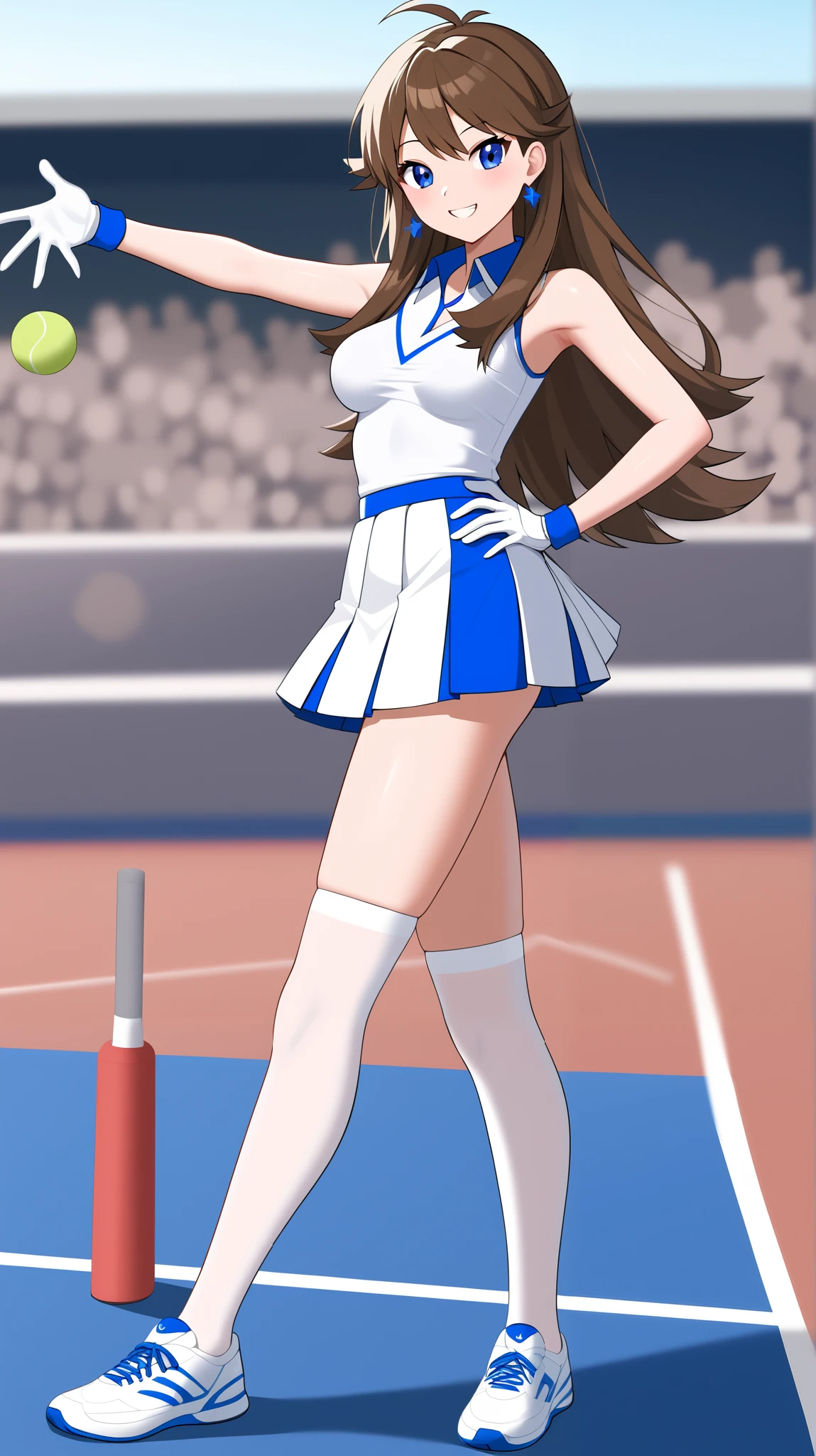 (( best quality )), ((masterpiece)), (( Details)), 1girl , Two legs, two arms, orange brown hair color, long hair, blue eyes, tennis wear, White short-sleeved shirt, white pleated miniskirt, white knee-high stockings reflective on glass floors, absolute domain, thighs, white lace up shoes , blue earrings, sexy smile, seductive smile, Audience , Place one hand on hip, Tall, Anime Coloring Book, 1 Female, Age 18, Three idiot hairs , with bangs, whole body, slim figure, Ample breasts, tennis court, (\ Pokémon\), score_9, score_8_Excellent, score_7_Excellent, score_6_Excellent, source_Anime, cell shading, flat collar , vector,