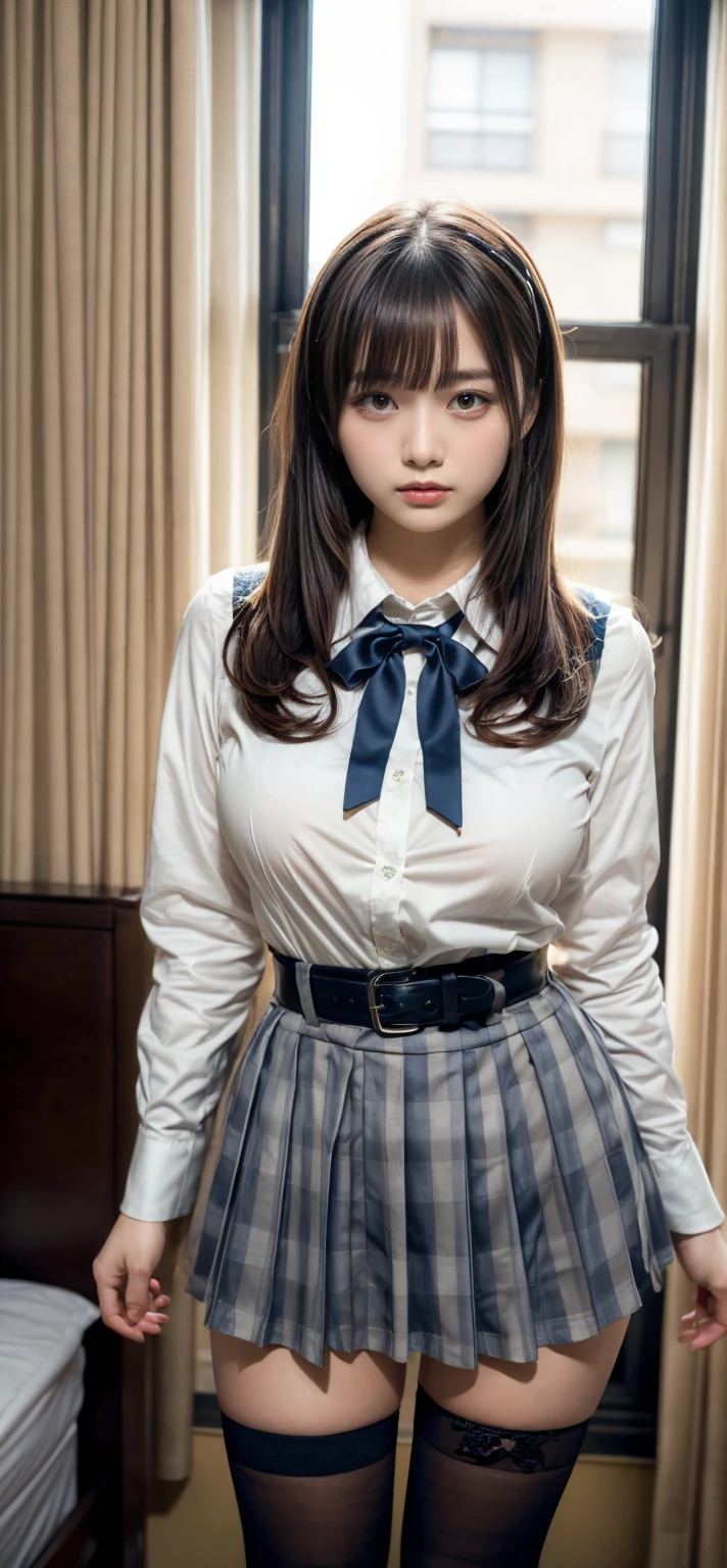(((SFW))), (1.FEMALES, 独奏), 8k, ((masutepiece)),(((top-quality))),((Ultra-detailed)),((((Realistic)))), Photorealsitic:1.37, (A hyper-realistic), (illustratio), (hight resolution), (ighly detailed), (The best illustrations), (Ultra-detail), (wall-paper), (Detailed face), (Beautiful expression), ((Details Top quality skins:1.2)), ((Reddish blush)), (hyper detailed background, Detailed background), Arya, Long hair, Blue eyes, Ahoge, Bow, Looking at Viewer, Red bow, Jacket, bowtie, Long sleeves, breasts, Shirt, Open jacket, red bowtie, door, Cowboy Shot, Collared shirt, Indoors, School uniform, White hair, Standing, Open your clothes, Skirt, bangs, Dress, Grey jacket, Black Dress, blush, Pleated skirt, Parted lips, medium breasts, pleated dress, White shirt, hair between eye, White jacket, Hand up, blazer, Black skirt, thighs thighs thighs thighs, Open door, hallway