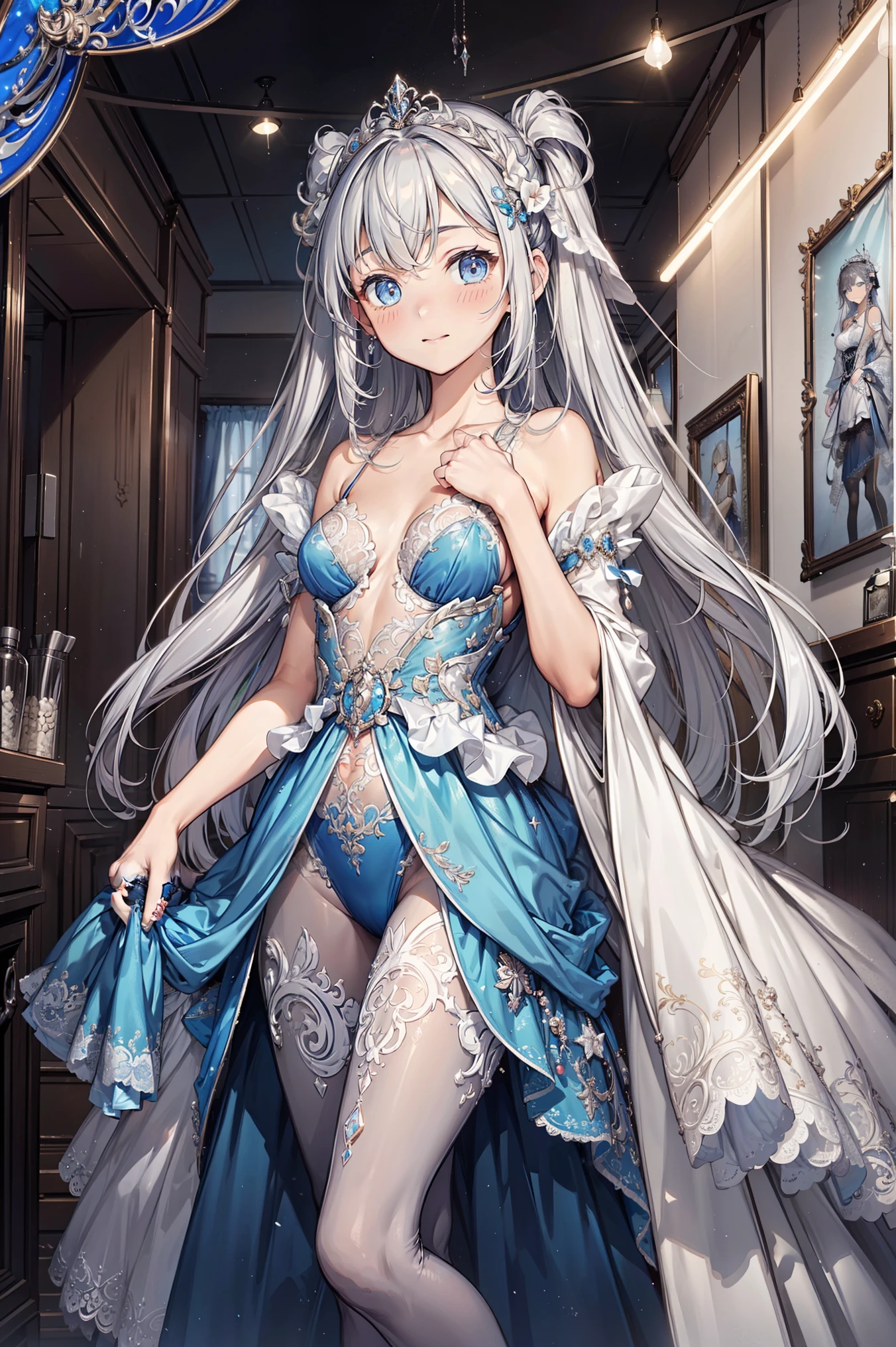 (  best quality ,4K,8K,  high resolution  , masterpiece:1.2),  Very Detailed, mature women,,  magic  ,enchanting,joy, Holy Goddess ,  magic  al effect,Silver Hair,  blue eyes,宴会礼服,  Delicate Decor,Features of the   magic  al costumes of the heavens， a small amount of sky blue fabric,  Delicate Garments,tiered skirt ,Delicate lace, Delicate ruffles ,bedroom, unique ,At night,  lace pantyhose  ,神圣条纹, Clear clothes  ,  Jewelry Decoration  