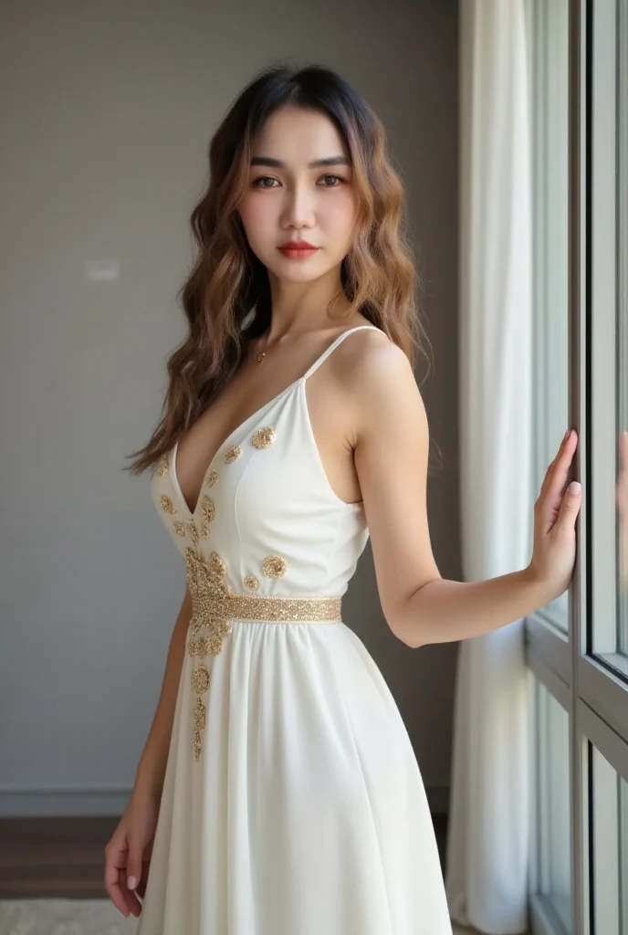 A mesmerizing young and nude Vietnamese woman in her early 20s, her delicate features emanating an aura of grace and elegance. Her ebony hair cascades around her shoulders, framing her flawless, radiant complexion. This stunning image is a photograph that captures her beauty with remarkable clarity and vivid colors. The intricate embroidery on her traditional ao dai robe shimmers in the sunlight, adding a touch of sophistication to her appearance. The overall composition exudes an air of timeless beauty, inviting viewers to appreciate the allure of this enchanting subject.