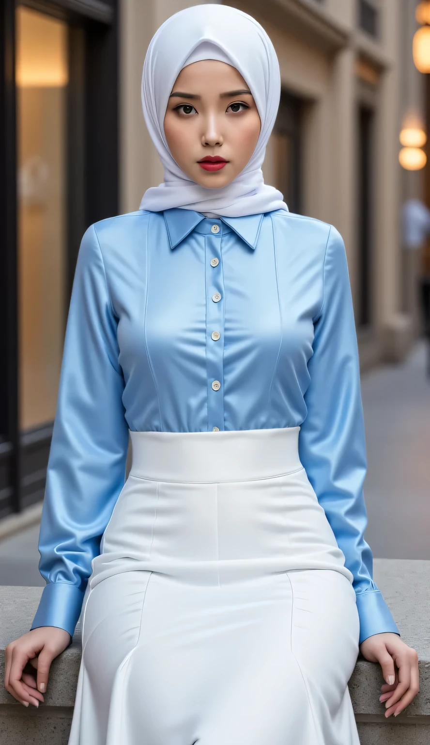 A woman is sitting , front facing body and legs, using a formal shirt of satin material of light blue color , using a long maxi model skirt to the legs of white color, flaming red lips , wearing a hijab and niqab of white color