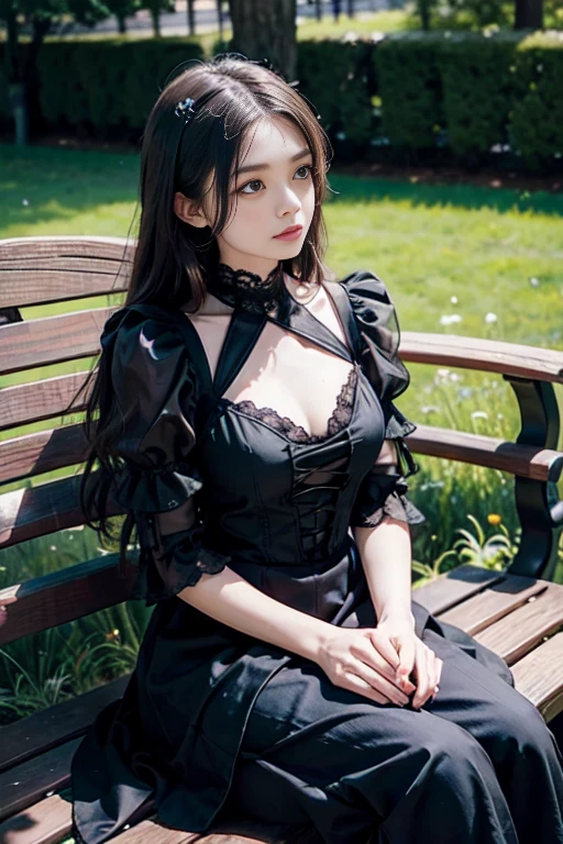 (masterpiece:1.2), Highest quality, (shape:1.2), (Super detailed), Hyper Details, (delicate), (Intricate details), (Cinematic Light, Highest quality Backlights), Delete a row, soloist, Perfect body, (1 Girl), 14 years old, Gothic girl with long blonde hair gently fluttering in the breeze, Wearing a white lace bodice with dark grey accents, Black fishnet stockings with crocodile patterns, Sitting on a grave in a spooky park at night. A castle with towers stands out in the background.., Several bats flying. A girl crosses her legs seductively while making eye contact, (Compensate), High Contrast, (Better lighting, Very creative and beautiful), (Cinematic Light), flashy,