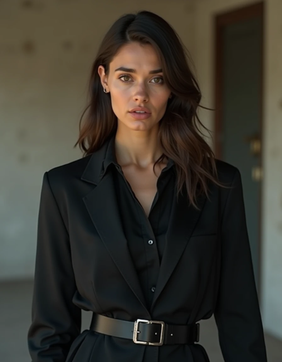 adriana lima, thick brown hair, hot , Ukrainian girl, wavy brown hair, Dasha Taran, pretty beautiful brunette, (solo one girl : 2.0), Beautiful ,23 years young girl healthy, confidential looking,8k,realistic,dark brown hair,fair skin, cheveux attachés,clear facial features, wearing woman in black top and pants, girl in suit, wearing a black blazer, black outfit, girl in a suit, day light posing, background building wall