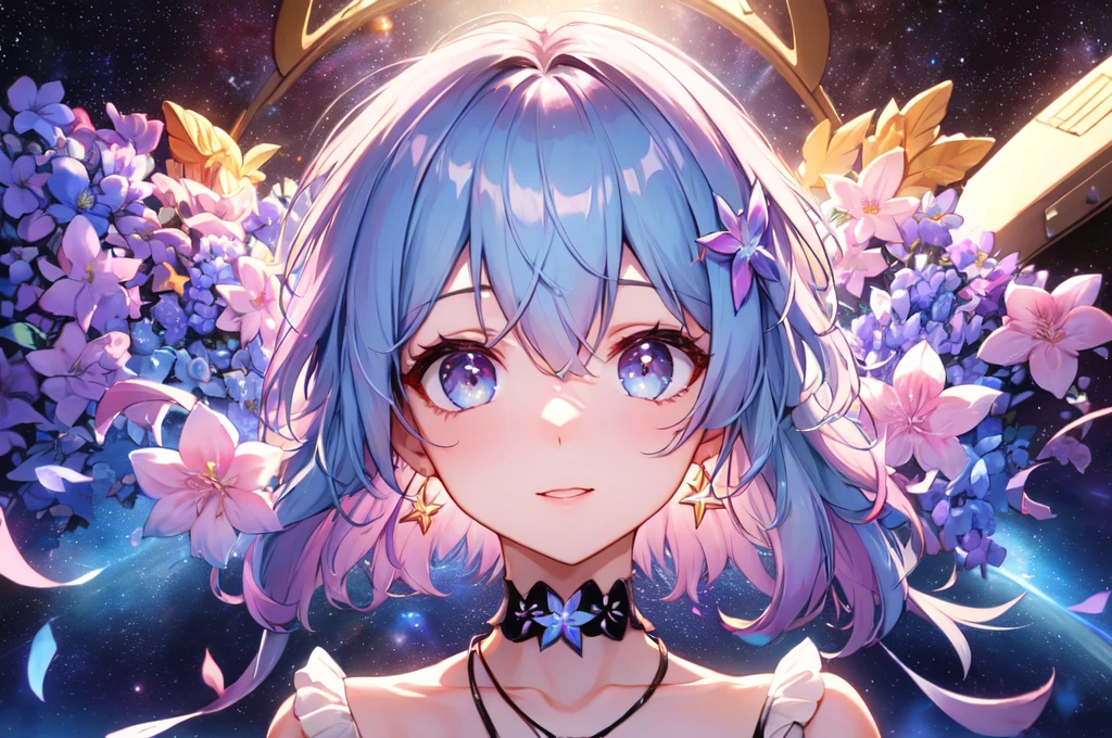 super high image, super detail, super high resolution, portrait, holograms, holofilm, translucent, iridescent, cute fairy, background fantasy, galaxy, magic circle, kaleidoscope, give off rainbow and gold neon light many lines radially from floor and ceiling, professional lighting