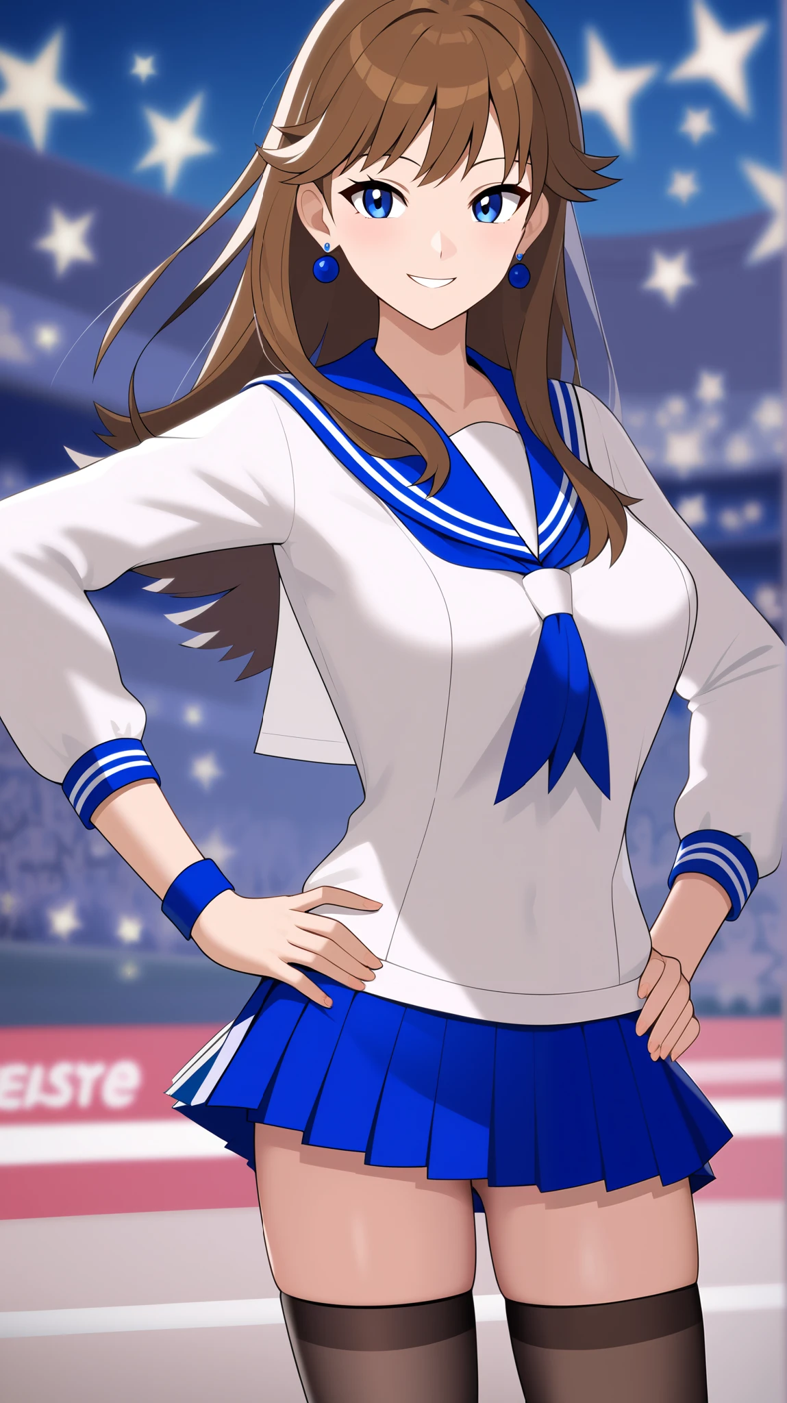 (( best quality )), ((masterpiece)), (( Details)), 1girl , Two legs, two arms, bare hands, no gloves , orange brown hair color, long hair, blue eyes, Ample breasts, Tall, high school girl, long sleeve sailor suit, blue pleated mini skirt , black knee-high stockings, absolute domain, thighs, Audience , 1 Female, Age 18, blue earrings, sexy smile, seductive smile, Place one hand on hip, Anime Coloring Book, Three idiot hairs , with bangs, whole body, slim figure, City, (\ Pokémon\), score_9, score_8_Excellent, score_7_Excellent, score_6_Excellent, source_Anime, cell shading, flat collar , vector,