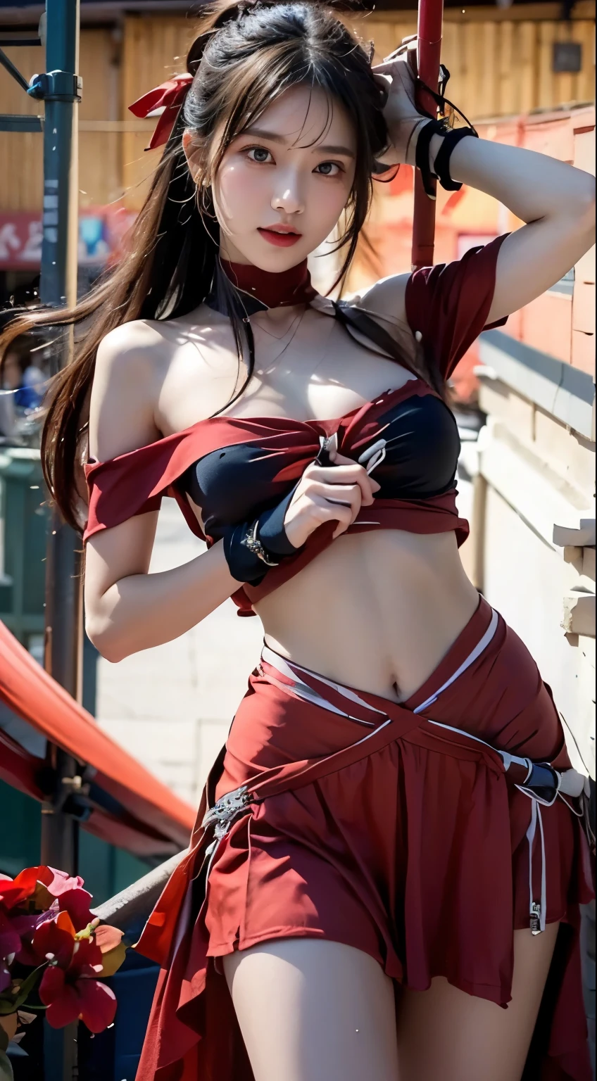 (to the Firmware), 1 lady, 20 years old, 7 heads and bodies, (cute Face), (Ideal body proportions modern old city landscape, ((Lolita costume)), (((Red muFFler))), wet, White skin, slim, black hair, long hair, beautiFullegs, Small, slim legs, Surreal, movie lighting, depth oF Fields, one person's point of view, F/1.8, 135mm, north african free trade area, on the table, precise, anatomically correct, textured skin, Super details, high detail, high quality, Award-winning, best quality, high resolution, 8K