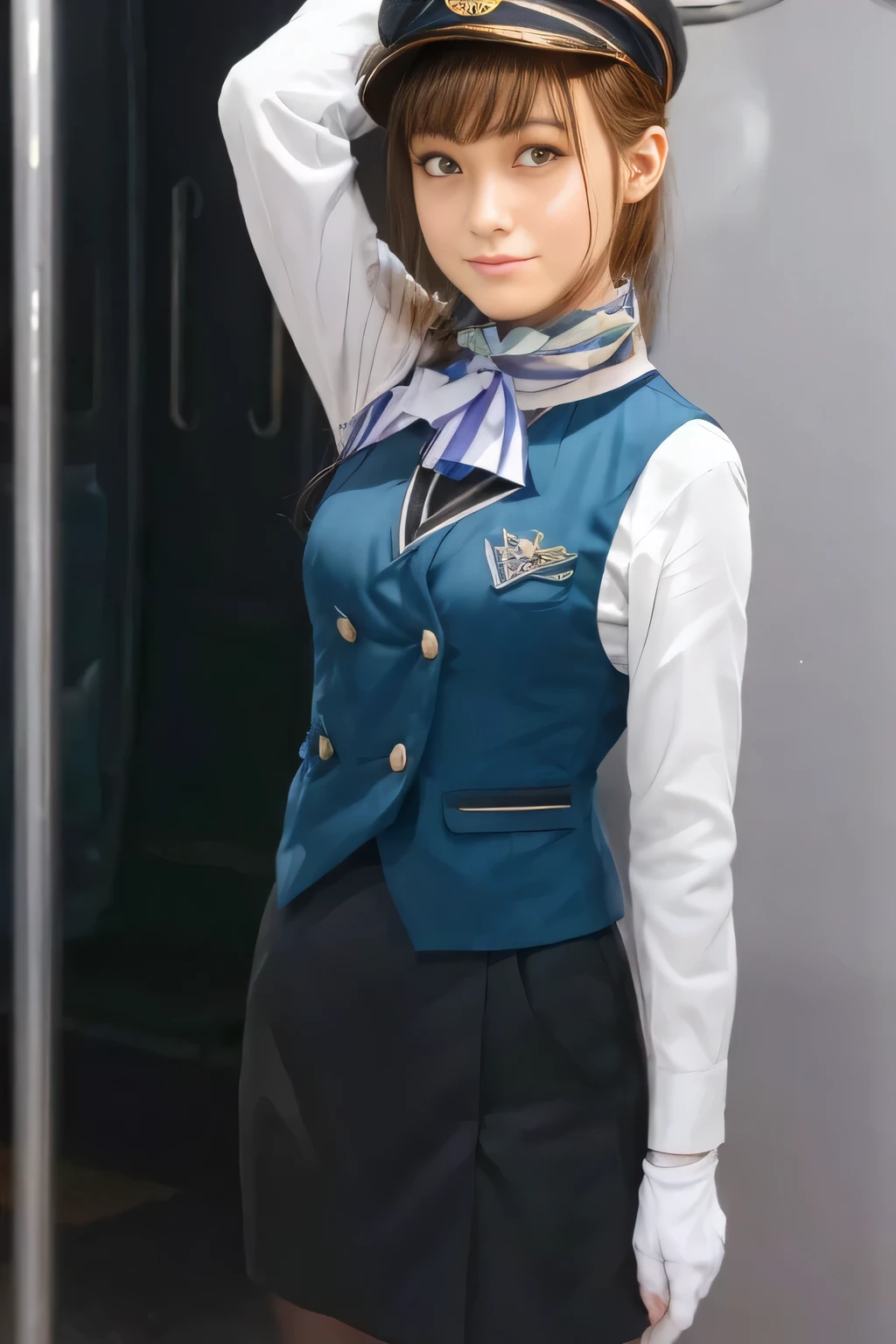 (Masterpiece:1.2, best quality :1.2), 32kHDR, kampala, (Alone、 1 girl)、(what 、 Professional Light )、In-flight background、( realistic style wearing a Nankai train crew uniform )、(( Nankai train crew uniform green vest ))、(( Nankai train crew uniform collarless white long sleeve blouse )) 、(( Nankai Electric Railway Crew Uniform Black Curled Culotte Skirt 、 A scarf is wrapped around her neck ))、 dark brown hair 、( long hair、 collected hair 、 collected hair )、 dark brown hair 、 long hit 、Big Breasts 、Thin legs、(( Amazing hands :2.0)),(( harmonious body proportions :1.5)),((Normal limbs:2.0)),((The usual :2.0)),(( Delicate Eyes :2.0)),((Normal eyes:2.0)))、smile、( beautiful figure wearing a Nankai train crew uniform )、Hands folded under the body 、 round hat for women