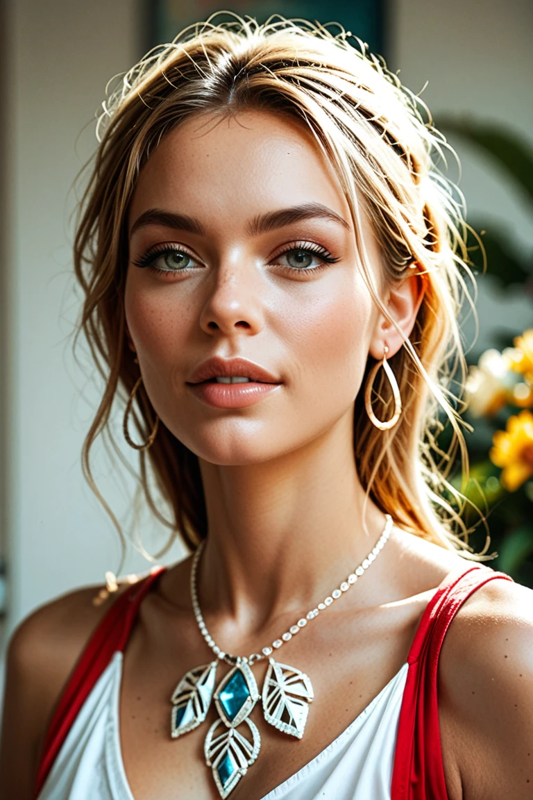 Elisa Maino, 20 years old, very long hair 90s, curvy body, pearly blonde hair, long and delicate natural nails, mouth with shiny texture,gloss labial transparente,with a cat eyeliner, golden glow. wearing a tight red lace dress, pearl necklace, in an outdoor restaurant in Italy