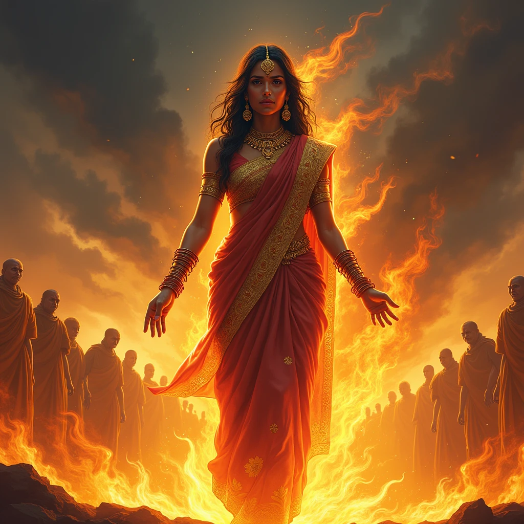 "An epic illustration of a mythological scene featuring Sita, a woman of Indian heritage, standing amidst roaring flames. She wears traditional Indian attire, such as a flowing saree with intricate gold embroidery, adorned with jewelry including bangles, earrings, and a forehead bindi. Her expression is a mix of sorrow and defiance, her posture upright, exuding divine strength and purity. The flames swirl around her but leave her untouched, signifying her virtue and resilience. The background features a dark, stormy sky with dramatic clouds, faint silhouettes of onlookers watching in awe, evoking themes of sacrifice, justice, and divine power rooted in Indian mythology."