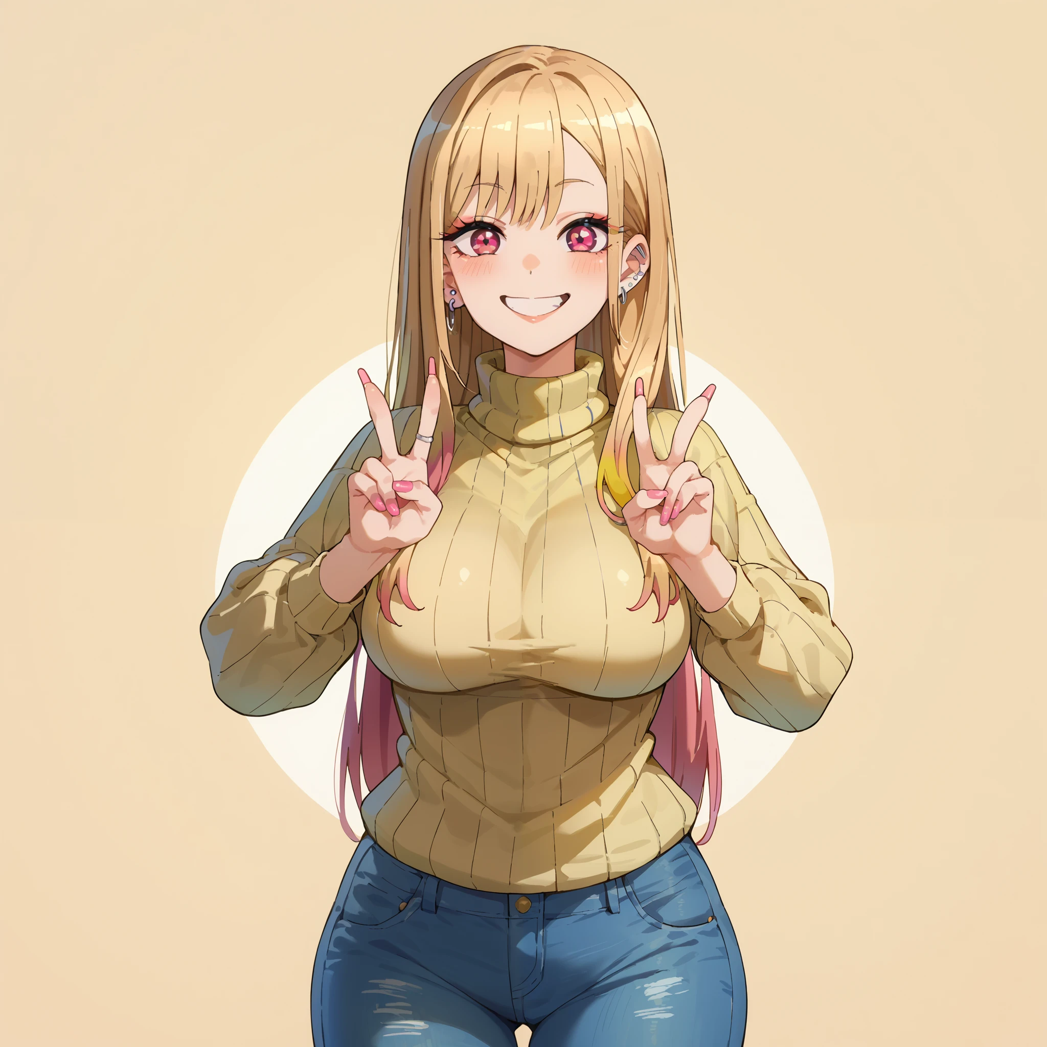 1girl, solo, KitagawaMarin, multicolored hair, blonde hair, long hair, magenta eyes, ear piercing, earrings, pink nails, makeup, big breasts, wide hips, thick thighs, yellow ribbed turtleneck sweater, skinny jeans, blushed, smile, peace symbol hands, standing, looking at viewer, simple background, from the front view