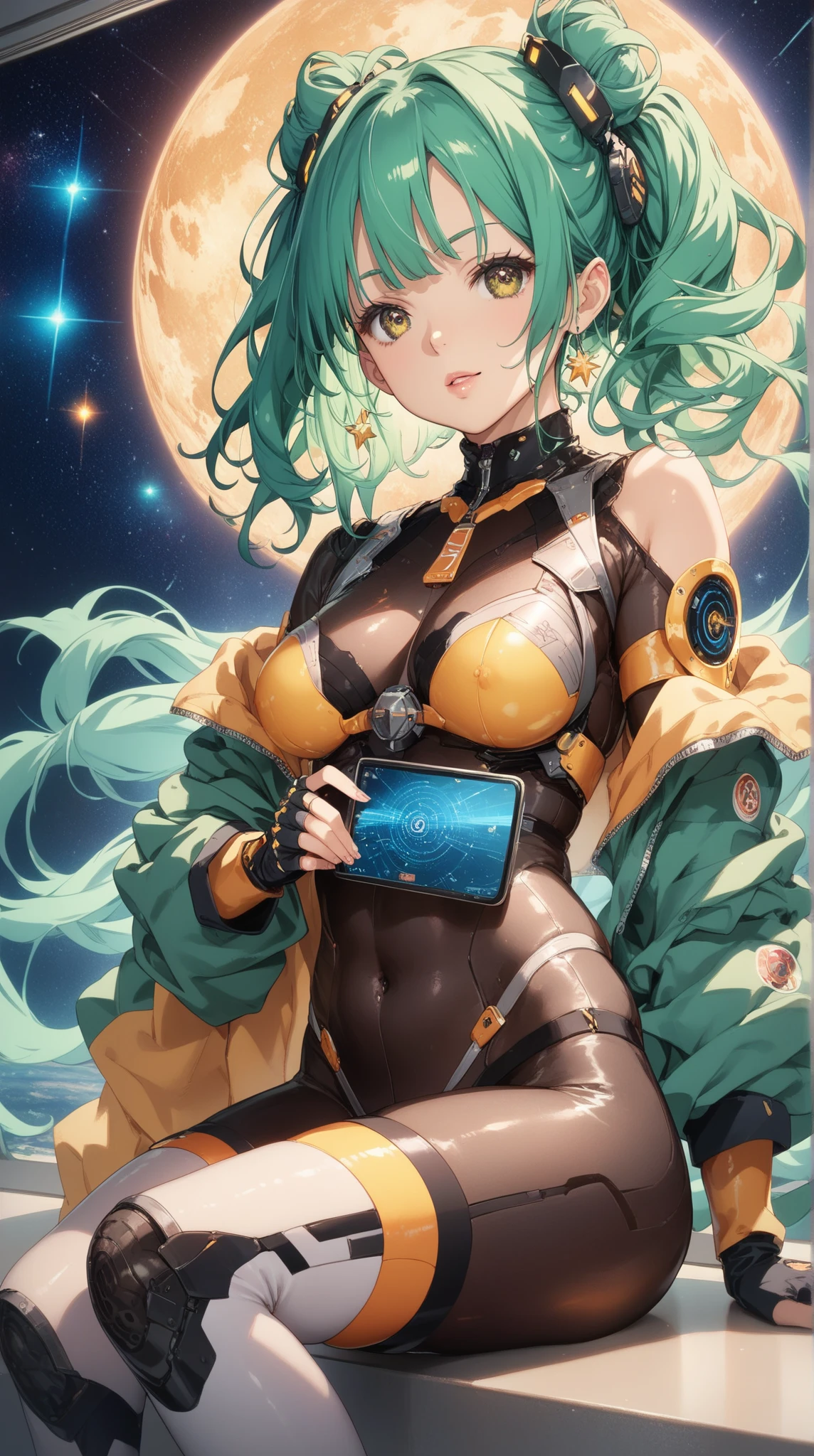 score_9, score_8_up, score_7_up,1 daemon woman, straight demon horns, (black horns),(upward-pointing horns) , vertical horns, black demon tail, (aquamarine hair),aquamarine green color hair,ahoge, long hair, (long hair),bangs, light orange bikini,bikini is orange, bikini orange, orange bikini!, (orange eyes), background is spaceship, orange eyes, 1woman ,facing viewer, daemon girl, bubbles, tube, close up,Well-endowed, alone,Spacecraft interior