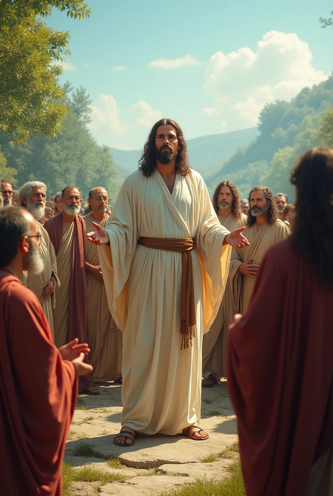 modelshoot style, (extremely detailed CG 8k wallpaper), full body photo, three apostles of Christ speaking, with poor and torn white robe, bare feet --auto --s2