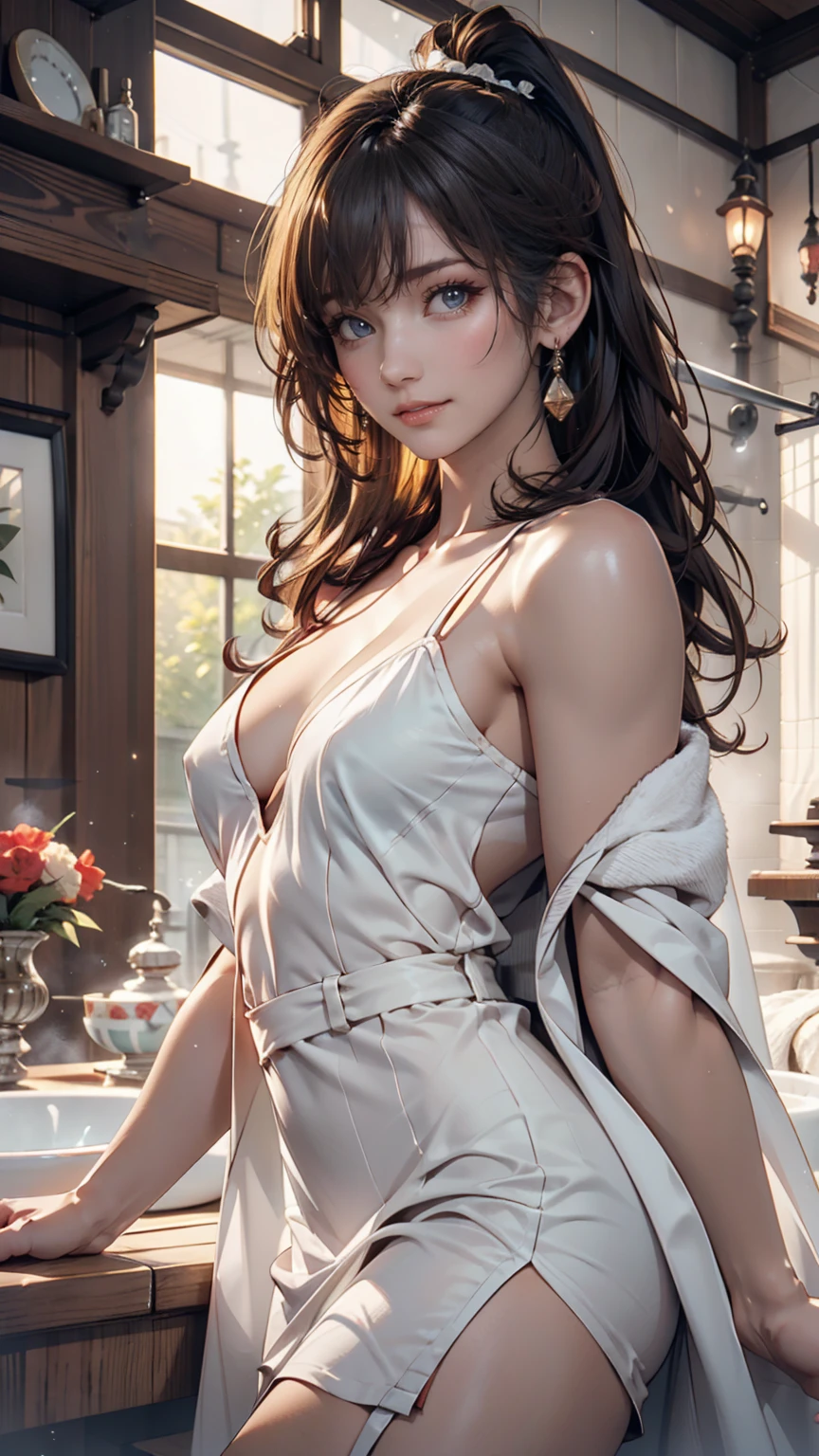 (from below:1.2), (perky chest:1.2), (pointed chest:1.2), 1girl, Bust A Cup, Amazing Cleavage:1.1, thin waist, big ass, Raised cute, small breast: 1.1 posed cleavage:1.2、solo, looking at viewer, have a cute glass of cute beer glass,black hair, dark green eyes, dress, bare shoulders, jewelry, collarbone, side locks, hairband, earrings, indoors, off shoulder, arms behind back, plants, short hair with long locks, gild hairband, off-shoulder dress, sweater dress, off-shoulder sweater, red sweater, dark gold hair, big side hair, very long side hair,is rendered in (masterpiece: 1.2, best quality), with (ultra high resolution) and an exquisite (depth of field). This masterpiece is not only visually stunning but also tells,A scene of cooking in the kitchen