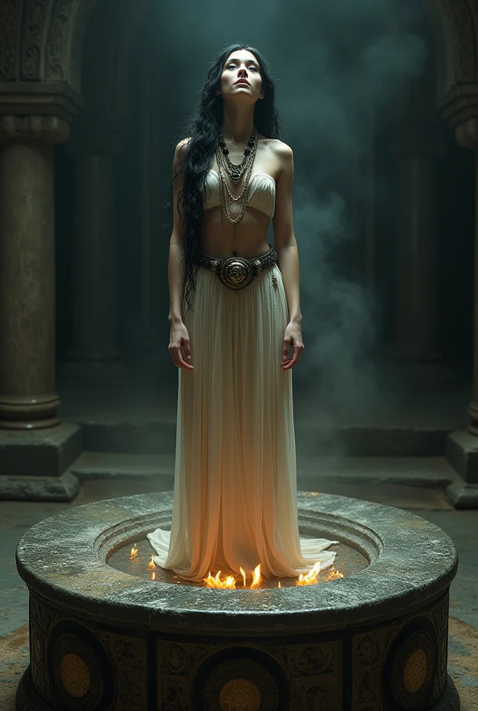 gigantic pretty arabic 20yo girl big tits statue with tentacles in a dark mysterious scary ancient vast room dust particles light specs light rays eerie myst breath taking background braziers light torches 64k uhd canon eos r850