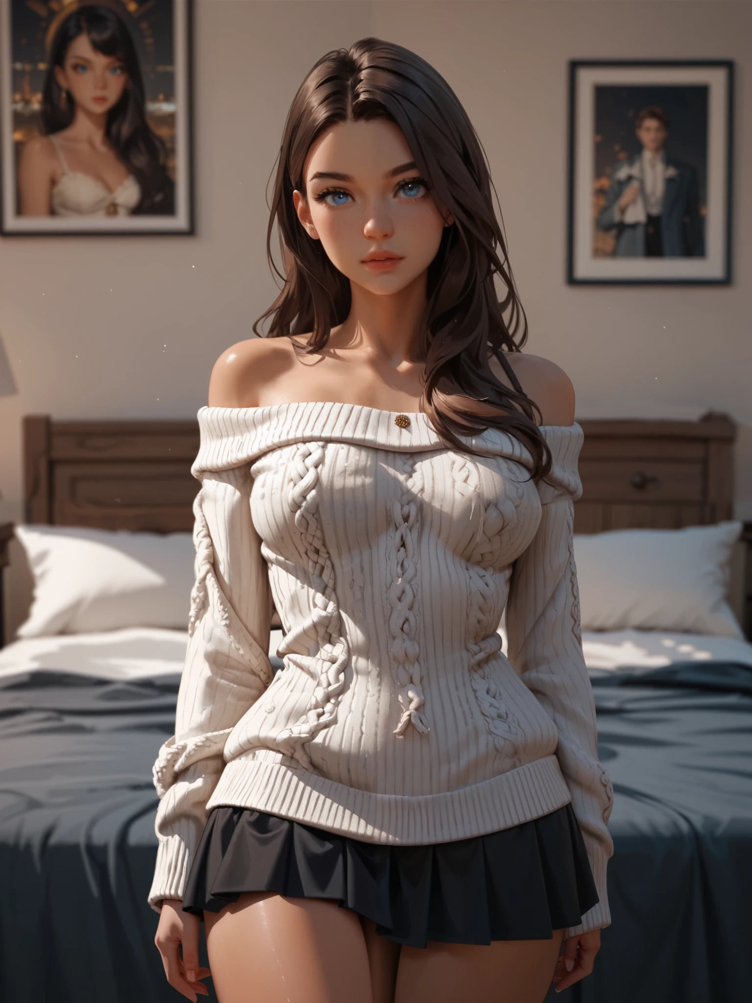 masterpiece, best quality, extreme Detail, anatomically correct , Young woman standing alone in the bedroom , (Sexy Pose), Young woman wearing a tight white winter sweater , ( off the shoulder ) Young woman wearing a tight long black maxi skirt, Young woman has medium sized breasts , (40H ), ( wide hips ), Young woman is slim , Young woman looking at observer , facial expression seductive and coquettish, dark brown long hair , dark green-blue eyes ,