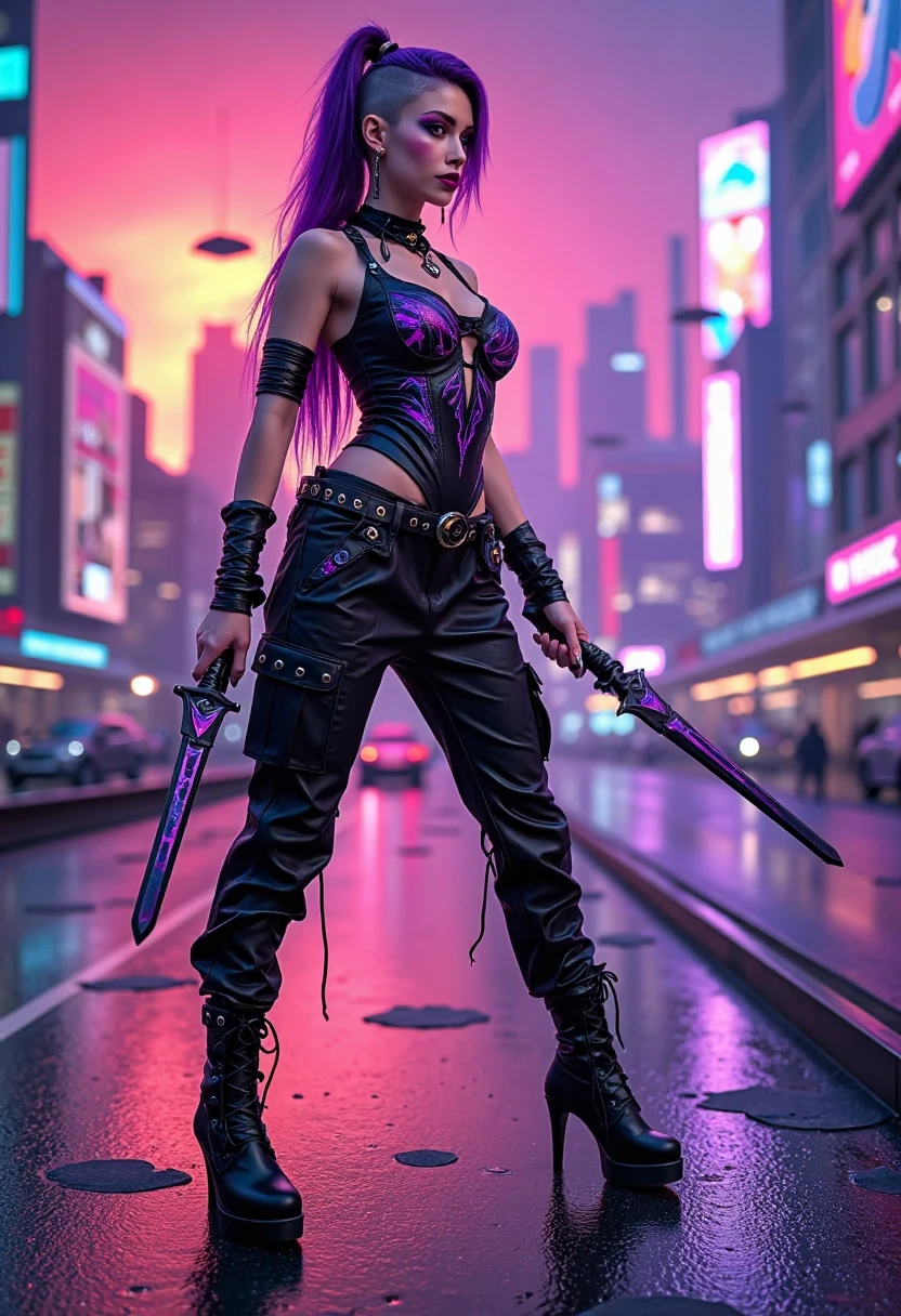 Create a high-quality 4K anime-style artwork of a demon slayer in a futuristic urban setting, illuminated by neon lights. The character should be depicted in a dynamic pose, wielding a glowing sword or weapon, with the neon lights casting a vibrant and atmospheric glow on their armor and surroundings. The scene should evoke a sense of action and mystique, blending traditional demon slayer aesthetics with modern, cyberpunk-inspired elements.