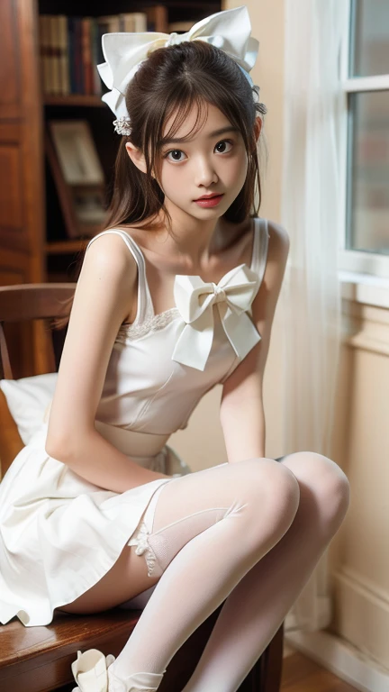 High Quality, Masterpiece, Highly Detailed, High Resolution, 4K, Ultra High Definition, Detailed Shadows, Ultra Realistic, Dramatic Lighting, 1girl, Solo, Detailed Face, Realistic Eyes, Realistic Skin, Dynamic Hair, Dynamic Pose, Dynamic Angle, White Flower Dress, White Background, ulzzang-6500-v1.1, (raw Photo:1.2), ( photorealistic:1.4), beautiful detailed girl, very detailed eyes and face, beautiful detailed eyes, ridiculous, incredibly ridiculous, huge file size, super detailed, high resolution, very detailed, best quality,
(Bright indoor), (soft light), (low contrast), (shallow depth of field), (portrait of a beautiful woman illuminated by gentle light), (extremely delicate and elegant depiction), (short length bangs), (hair color is a dark chestnut shade with a slight brown tone), (hair with a subtle and gentle wave), (small braids intricately woven on the side of long hair), (adorned with a thin ribbon), ( white blouse with small frills), (bow tie), (blue long skirt), (white short ankle socks), illustration, very detailed, CG, unified, 8k wallpaper, amazing, fine detail, best quality, Very detailed CG unified 8k wallpaper, face light, movie lighting, 1girl, , ((no panties)), ((dynamic pose))), (camel toe), (half), (bent knees and legs sitting))