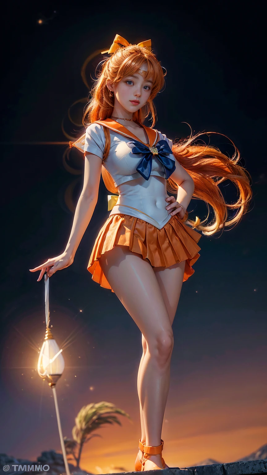 masterpiece, highest quality, High resolution, Venus 1, 1 girl, alone, Sailor Warrior Uniform, Sailor Venus, aino minako, Blonde Hair, Magical girl, blue eyes, Orange Skirt, Elbow Bag, tiara, Pleated skirt, Hair Ribbon, Orange sailor collar, mini skirt, choker, Red Bow, orange choker, White gloves, Very long hair, jewelry, Earrings, Cowboy Shot, smile,