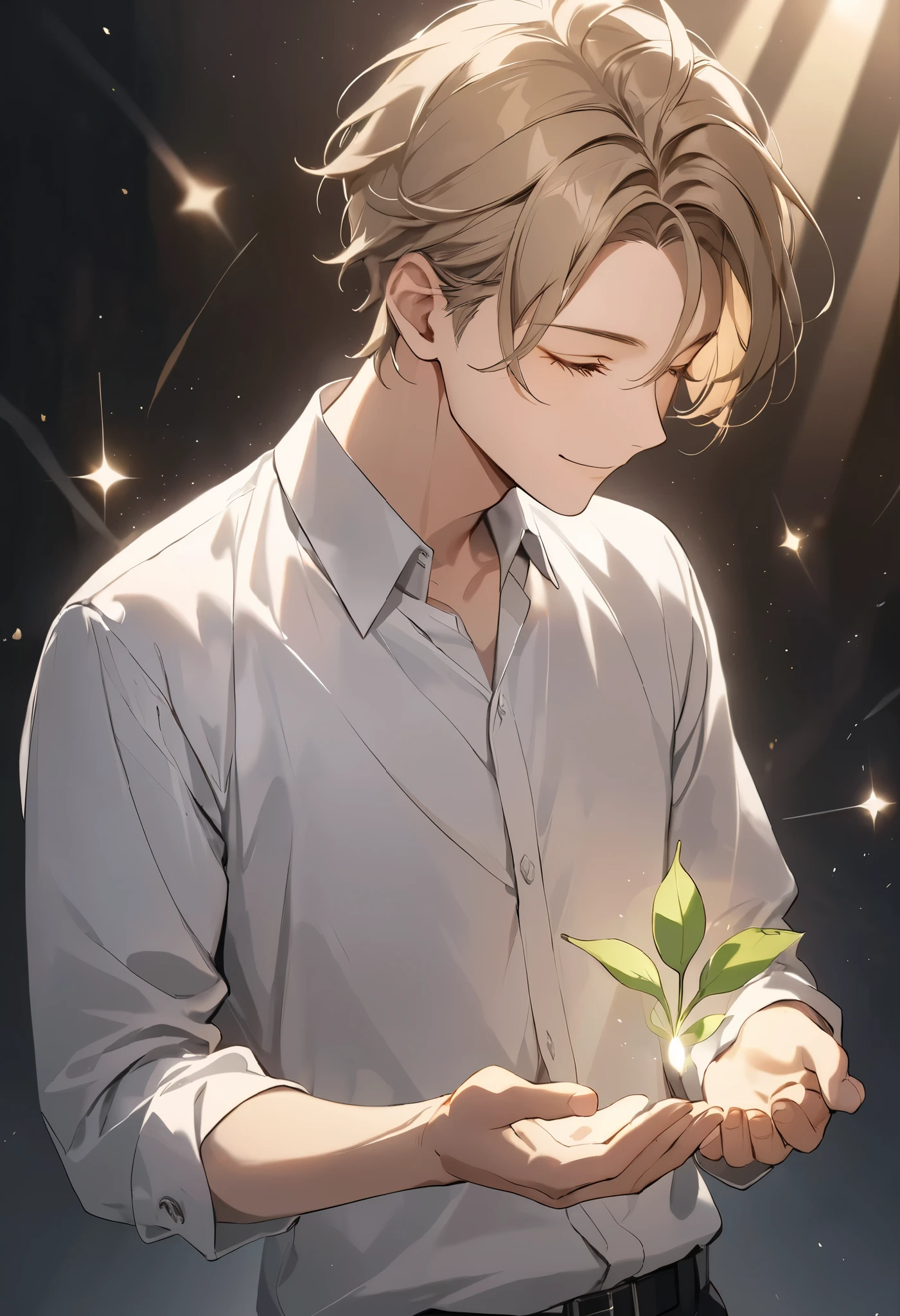 High quality, masterpiece, 4K, stunning artwork. Masterpiece, beautiful young man, A beautiful young man, aged 18, high school student. Wearing a white shirt and black pants. Bangs that reach his forehead, light brown hair. Delicate eyelashes. Smiling gently with a kind expression toward the viewer. Body facing forward, standing straight. Holding a glowing leaf in his hands. Both hands carefully cupping the leaf in front of his chest. High quality. Hair is slightly longer, with bangs reaching his forehead.Hair is slightly longer, with bangs reaching his forehead.Hair is slightly longer, with bangs reaching his forehead. Smiling shyly. Giving a shy smile.