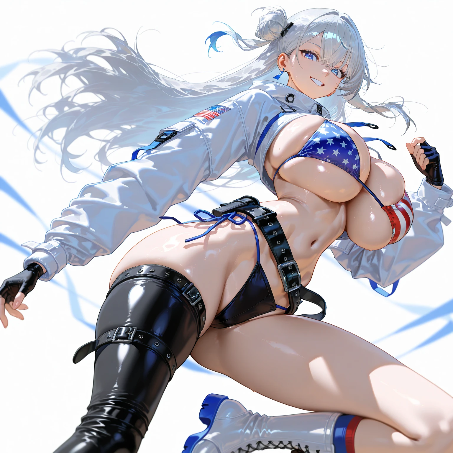 Plump girl, long silver hair, black eyes, big breasts, bikini, Age 18, human