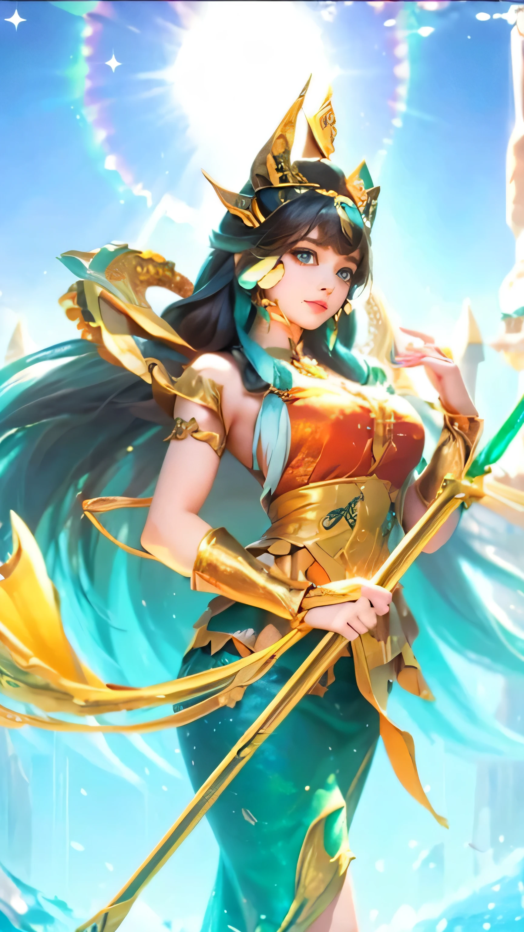 A young girl with long, dark hair, wearing an elegant witch dress in green ocean with orange and gold accents, adorned with lace and ribbons. She holds a magical stuff with gold accents. Her large green eyes are full of energy and cheerfulness. She wears high dres with long, with energy from ocean. She is queen of ocean