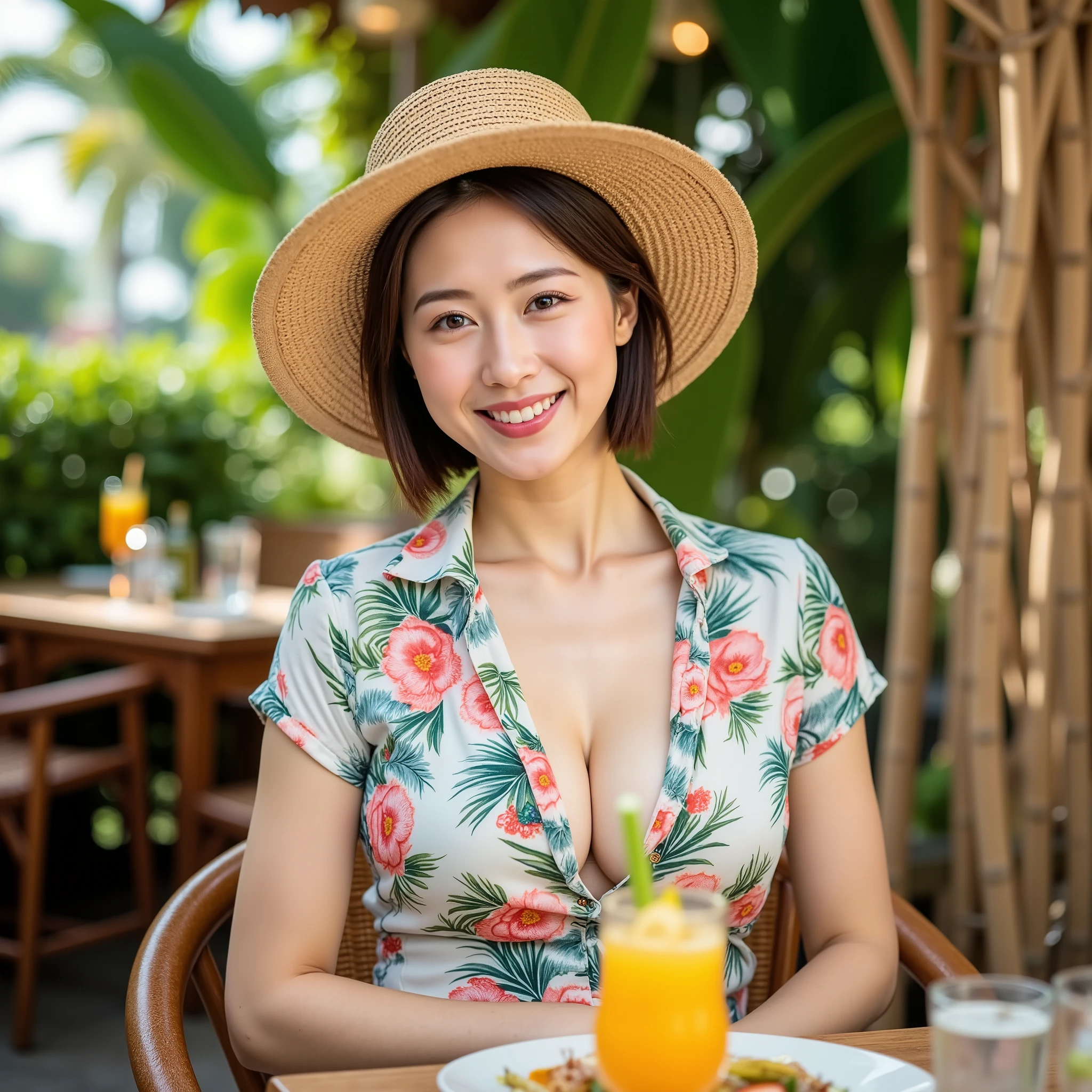 『 has a different face and hairstyle 2 Japanese woman :1.9』『Actual photo:1.3』 best quality :1.2、((Big Breasts))、 I can see a slight cleavage 、(( young woman))、((Red cheeks))((smile:1.3))、((( anatomically correct、 Perfect Anatomy、 anatomically correct指)))、 real 、 best quality 、Ultra high resolution、 RAW photos 、( curvy body )、 『Actual photo:1.3』 best quality :1.2、((Big Breasts))、 I can see my chest slightly 、(( young woman))、((Red cheeks))『 smiling with her teeth :1.9』、((( anatomically correct、 Perfect Anatomy、 anatomically correct指)))、 real 、 best quality 、Ultra high resolution、 RAW photos 、( curvy body )、Tropical restaurant 、 tropical drinks are on the table、Wide-brimmed hat、Aloha Shirt:1.4、 SHORT JEANS 、 Japanese girl、、 The outside of the store is emerald green 、 strong sunshine、、 She's sitting on a chair inside the store