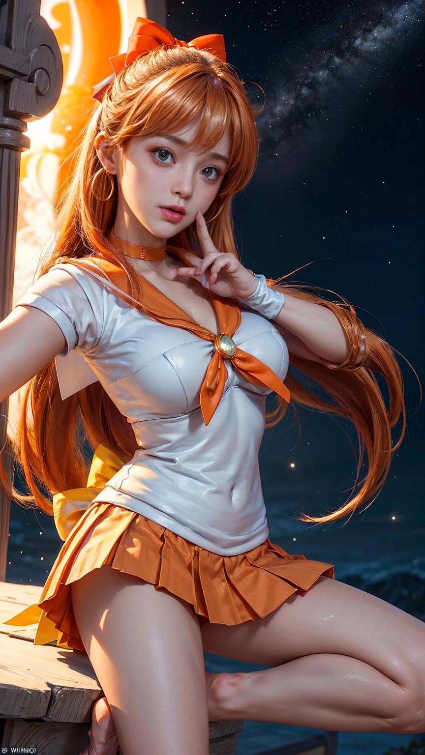 (Extreme detail CG Unity 8K wallpaper, Masterpiece, Highest Quality), (exquisite lighting and shadow, highly dramatic picture, Cinematic lens effect), (Sailor Moon: 1.1), Adorable smile, Double Ponytail, blue eyes, blond hair, tight top, white gloves, mini skirt, dynamicpose), the background is the universe (great details, great lighting, Wide angle), (Excellent rendering, Basta, To stand out in your class), (Beautiful panties, peeking out from under the skirt), (beautiful buttocks)