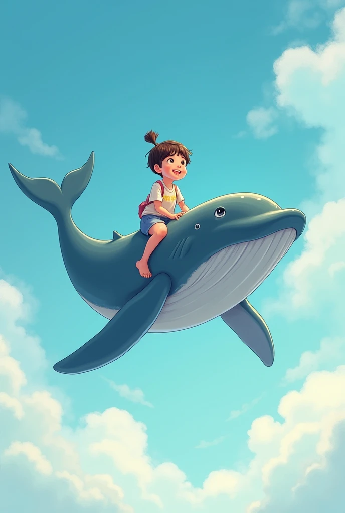 A child, riding a whale, flying in the clouds, balloons, blue sky and white clouds, looking at the camera