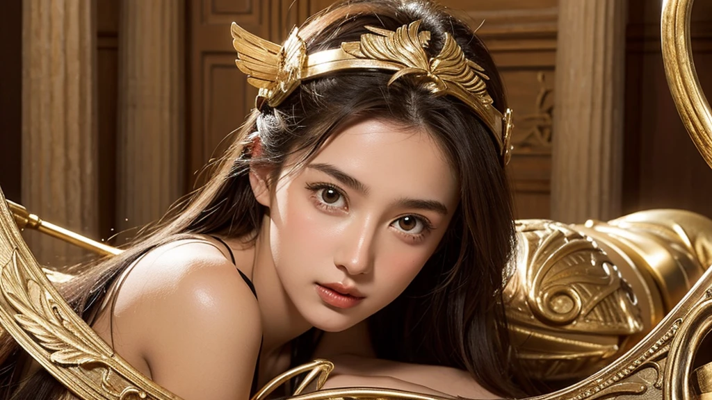 Ultra-detailed complex 3D rendering of the face, (Colossal: 8.8), (masterpiece, top quality, octane rendering, 8K), glamour shot full body image, cleavage, (highly detailed skin: 1.2), (exposure: 1.1), (blonde), (wearing a plummet tank top of gold silk: 1.5)), blonde hair, beautiful Caucasian woman with full soft breasts and white skin, one with big ass, long braided hair, big breasts, dynamic angle, mystical expression, ultra-realistic photography, (((((portrait))), bare feet, futuristic city background, facial muscles, detailed and beautiful queen tiara, in the style of Marvel Comics, clear focus, studio photography, intricate details, highly detailed, detailed yellow eyes, sharp focus, digital rendering, professional, abs, ((((sexy pose))), natural jungle, open mouth lightly, mansle, open crotch, seductive look, angel ring, detailed angel wings, angel ring, detailed mouth inside,