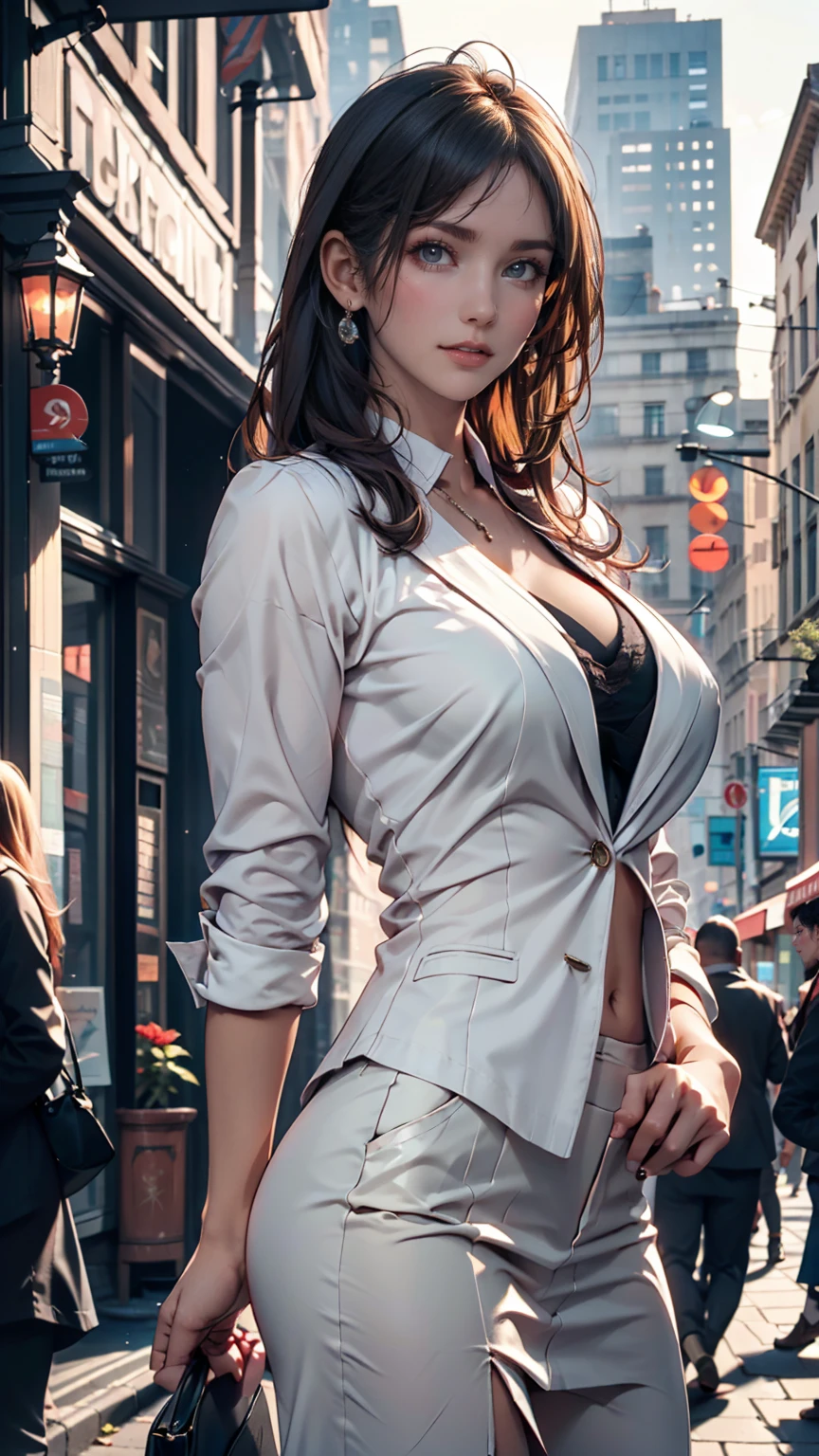 masterpiece,best quality), beautiful woman, (Wear a white shirt with lapels in professional attire.),( The lower body is wearing skinny professional wear casual black pants..),(Chest circumference:115) , long wavy hair, pregnancy, micro curly bangs, perfect melon seed face, beautiful face, Cleavage is seductive, big beautiful eyes, soft smile, Perfect slim standard beauty body, city streets,in front ,full body photo, bright colors