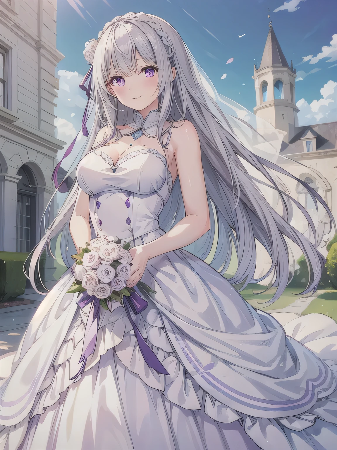 A stunningly beautiful 20-year-old woman standing in the courtyard of a luxurious mansion under a clear blue sky. She is wearing a white and blue wedding dress and holds a red bouquet with both hands in front of her chest. She looks very happy, with a radiant and joyful expression. Gray Hair、 long hair、 purple eyes。