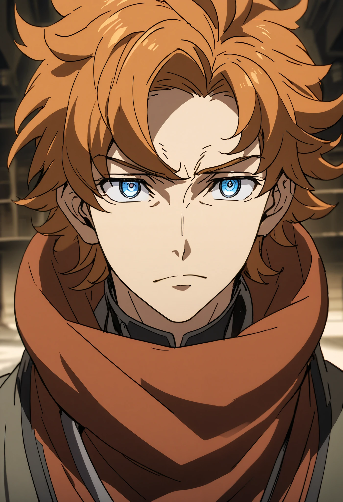 (high-quality, breathtaking),(expressive eyes, perfect face) 1boy, male, solo, adult, tall height, orange color hair, blue eye color, short hair length, Symmetrical Eyes, portrait, neutral expression, narrow eyes, red scarf, ridemass