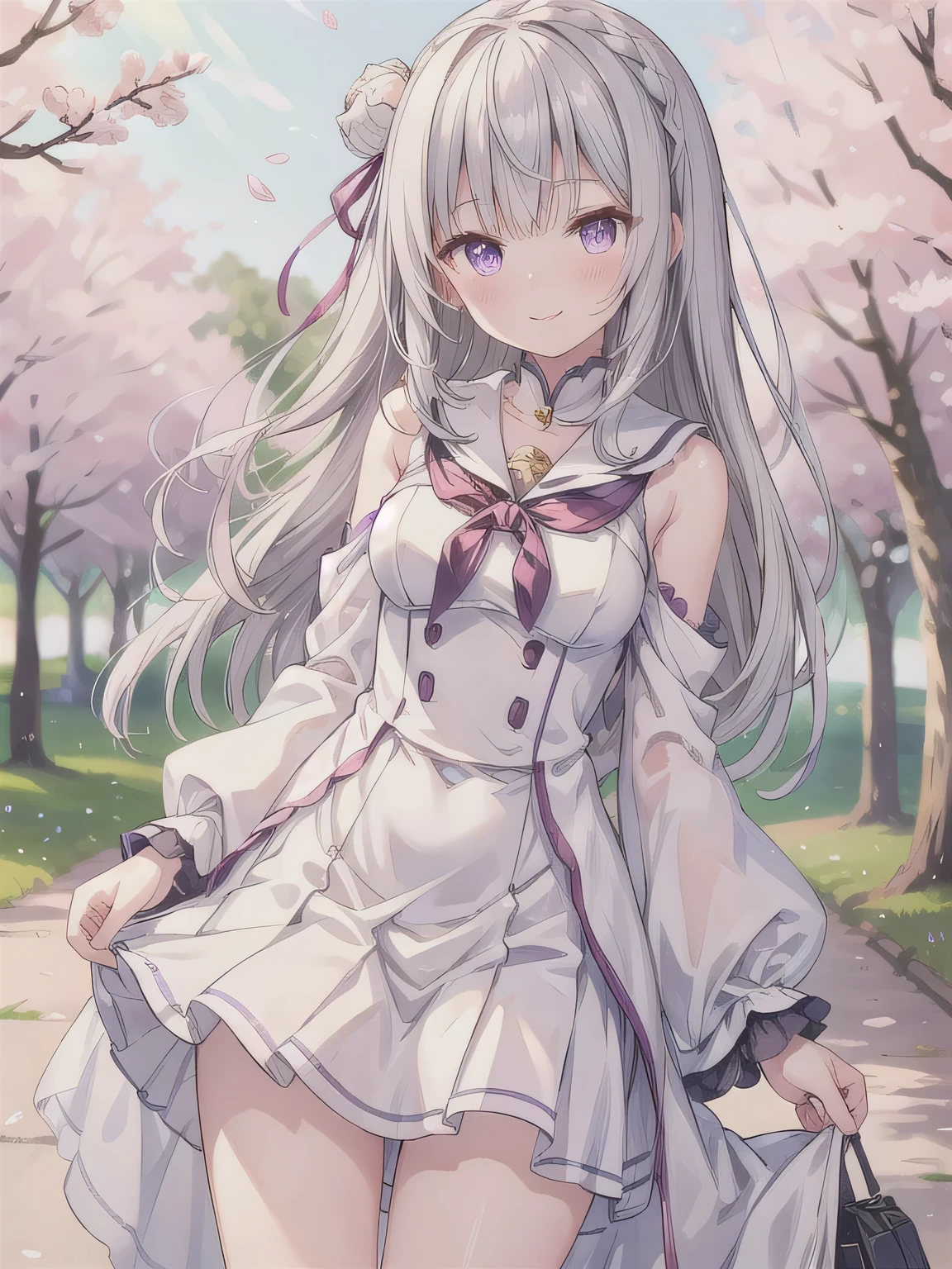 Depict a 20-year-old, very beautiful woman standing under a row of fully bloomed cherry blossom trees. She is dressed in a classic black-and-white sailor-style outfit with a short hem. Her cheeks are slightly flushed, and she is smiling gently, radiating a cheerful and charming aura. The background is filled with vibrant pink blossoms and soft natural light, creating a serene and picturesque scene. Gray Hair、 long hair、 purple eyes。