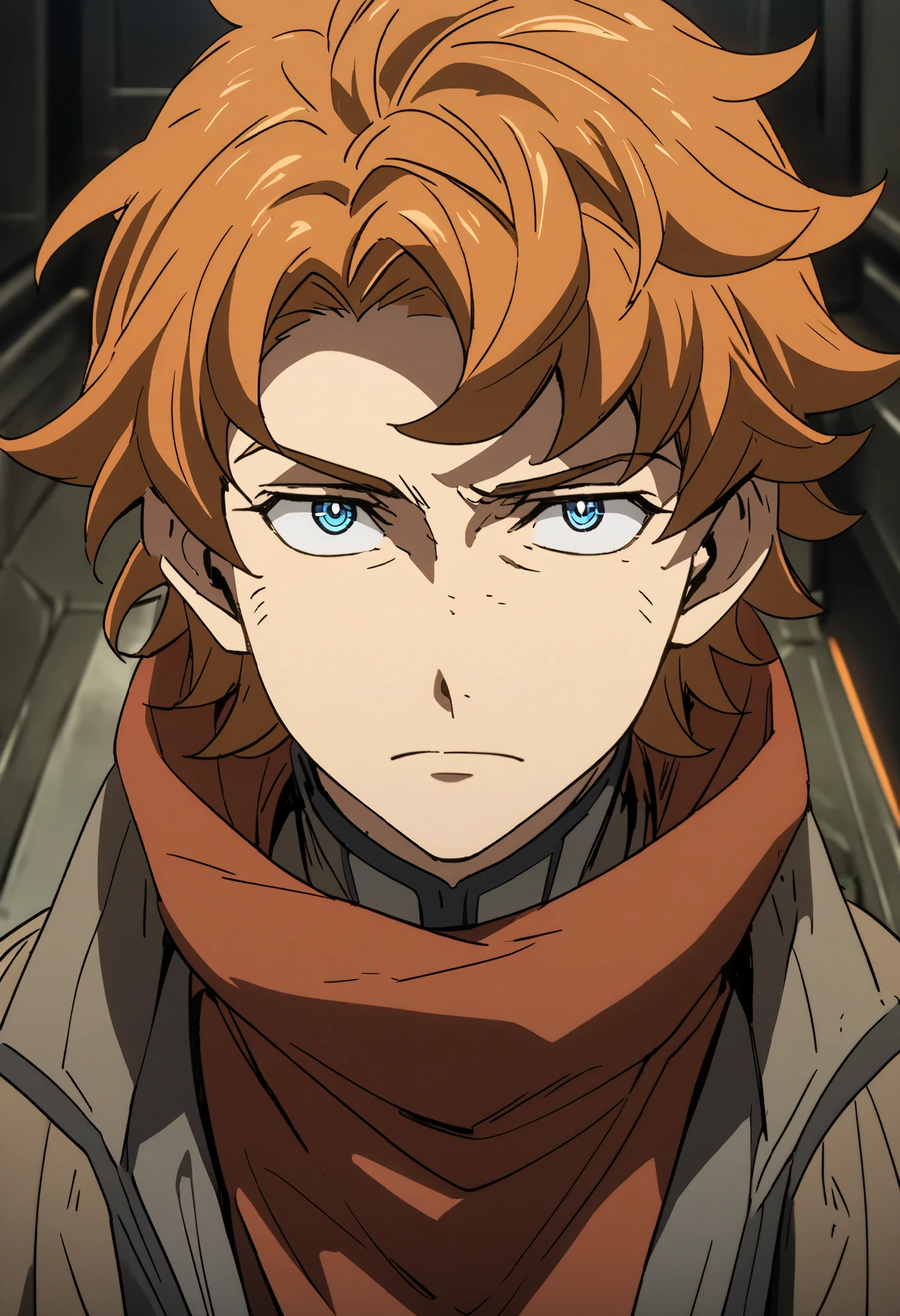 (high-quality, breathtaking),(expressive eyes, perfect face) 1boy, male, solo, adult, tall height, orange color hair, blue eye color, short hair length, Symmetrical Eyes, portrait, neutral expression, narrow eyes, red scarf, ridemass
