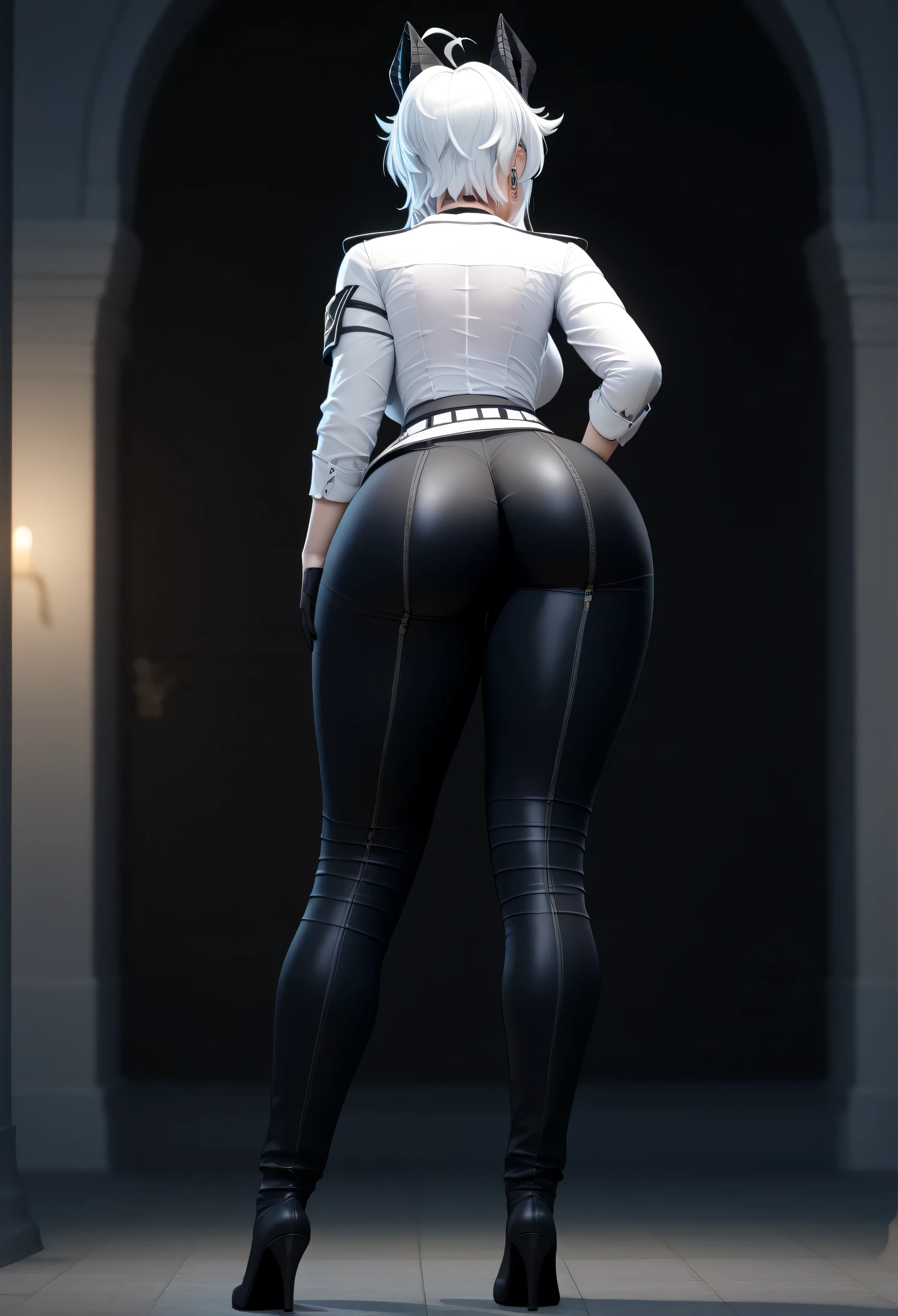 score_9, score_8_up, score_7_up, highres, BREAK, best quality, source_pony, expressiveh, highly detailed, (voluptuous girl), (ultra HD quality details), Very detailed, 1 girl, full body, (full outfit), (full clothed), nsfw, Big and sexy ass, Big ass, 3D Render Style, 3DRenderAF, (full outfit covering the whole body), full outfit covering all butt, blurry background, outfit covering the whole ass, clothes covering the butt, 1girl, blurry background, standing, standing girl, view from behind, back girl view, ass view, standing, wrnchwuwazani, horns, hair between eyes, red eyes, long hair, large breasts, white hair, demon horns, ahoge, demon tail
collared shirt, white shirt, red necktie, long sleeves, black gloves, earrings, jewelry, black choker, black pants, belt, shirt tucked in, button gap, legs apart, hands on hips