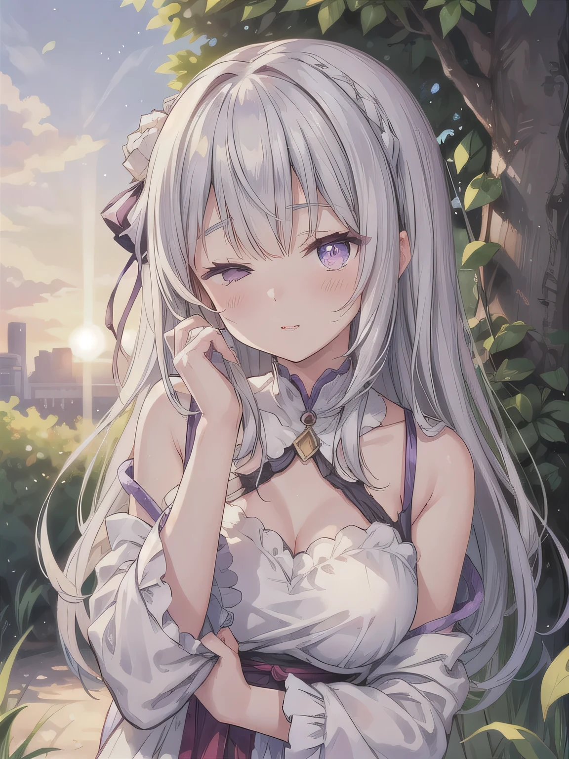 Depict a 20-year-old, very beautiful woman standing in a lush, green park at sunset. The warm light of the evening sun bathes the scene in a golden glow. She is facing forward, her eyes gently closed, her cheeks slightly flushed, and her face tilted slightly upward as if anticipating a kiss. The atmosphere is serene and romantic, with the soft colors of the sunset complementing the tranquil surroundings. Gray Hair、 long hair、 purple eyes。 1 woman。