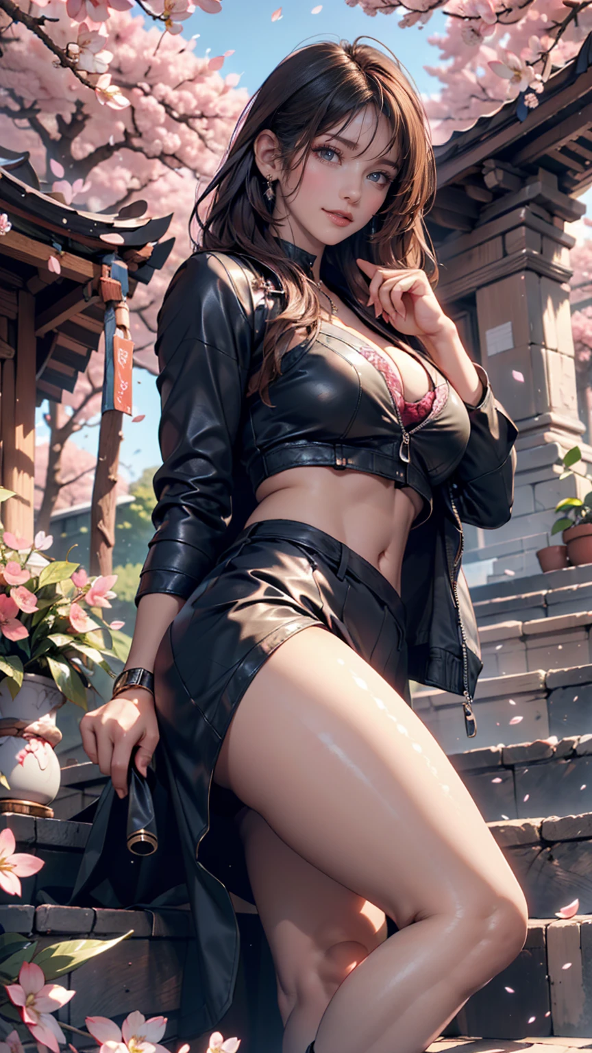 Elegant woman standing on balcony overlooking mountains in floral hip skirt, delicate face, double eyelids, wearing earrings, depth of field, blurred background, Gaussian blur, mountain background, showing unique and attractive gestures, abs, central symmetry, ((Helios 44-2 58mm F2)))