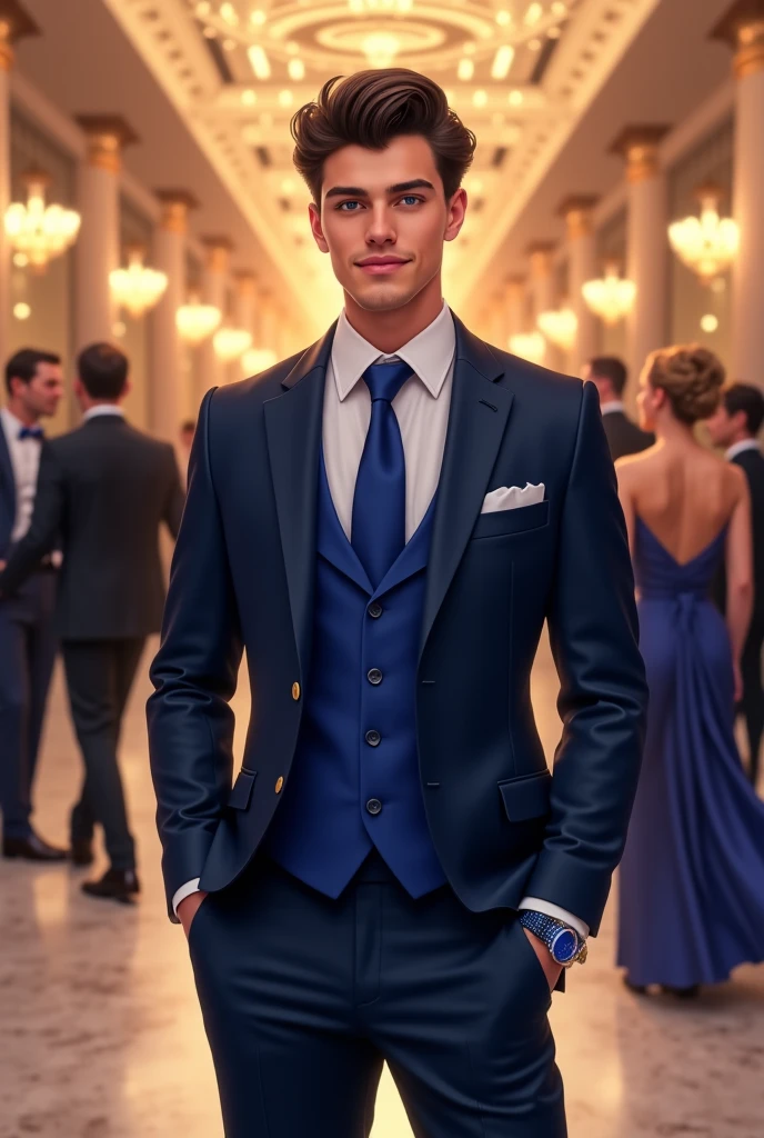 Young man wear white grey shirt, blue tie, blue vest, blue blazer, blue watch for ballroom party
