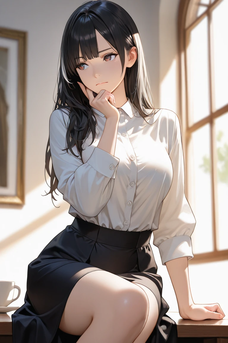 woman sitting on a bench eating a donut in front of a window, elegant slim beige shirt, korean women's fashion model, white shirt and grey skirt, sakimichan, holding a baguette, eating, business clothes, crisp details, office clothes, [ realistic photo ]!!, korean girl, afternoon, cute elegant pose, ad image, mysterious coffee shop girl