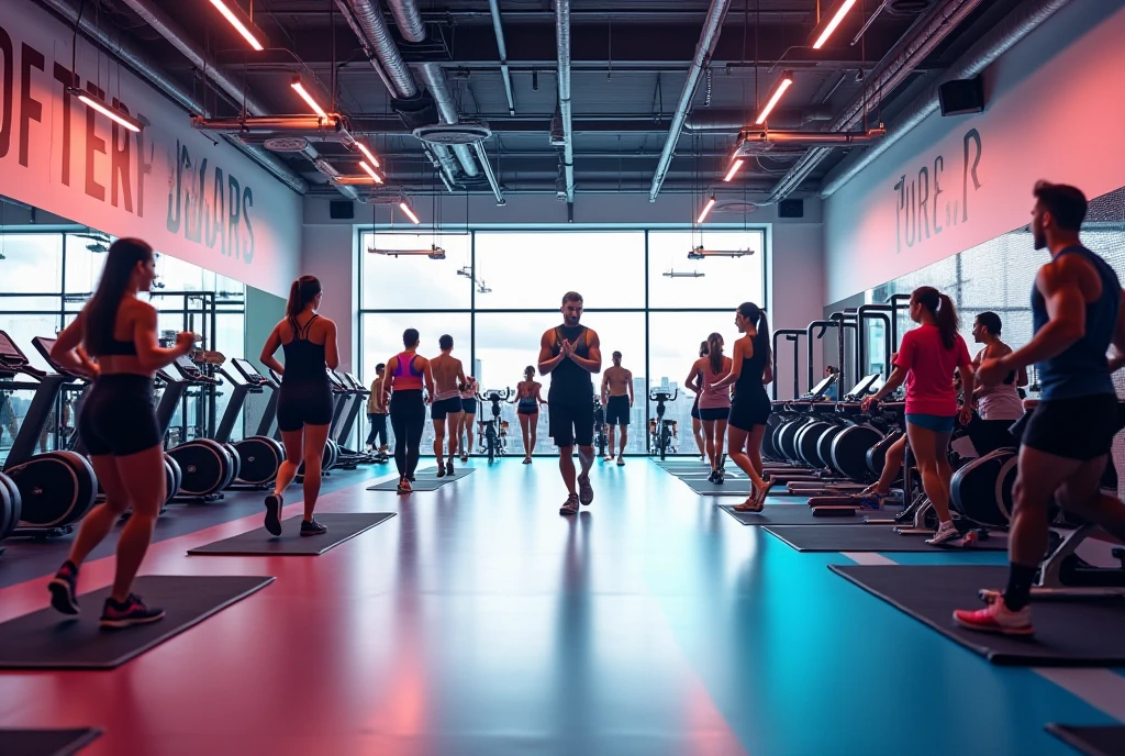 photo of blonde woman, with people in the background, In a bodybuilding gym. Making exercise bikes. White sneakers. Pink clothes on top and long blue clothes on bottom