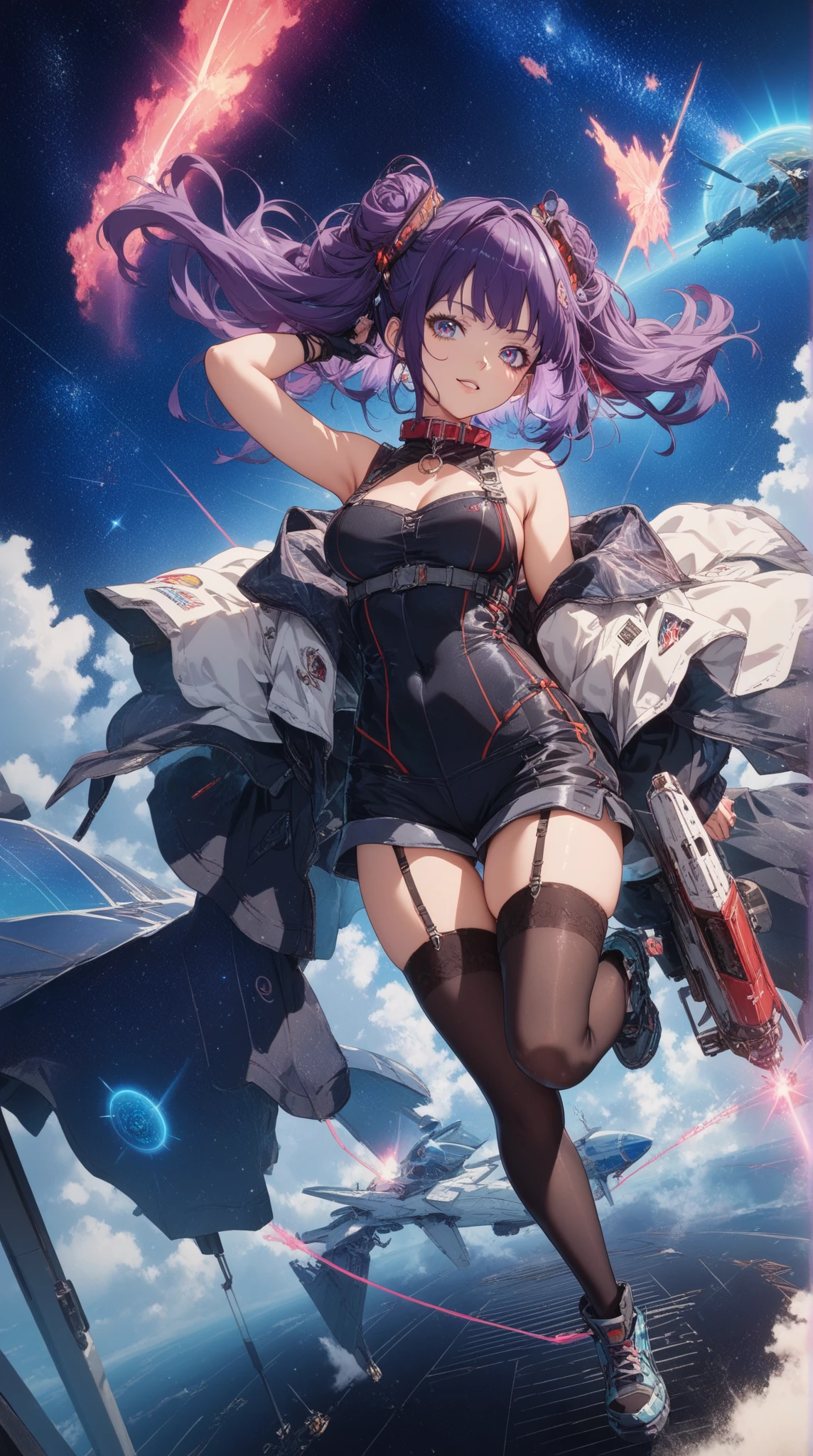Japanese_anime_style,1loli,girl,very_messy_short_twintail, light_purple_hair,black_mechanical_armor_parts,body_suit,bare_shoulder,bare_thighs,small_breasts,floating,in_sky_background,half_eyes,dynamic_posing,fighting,