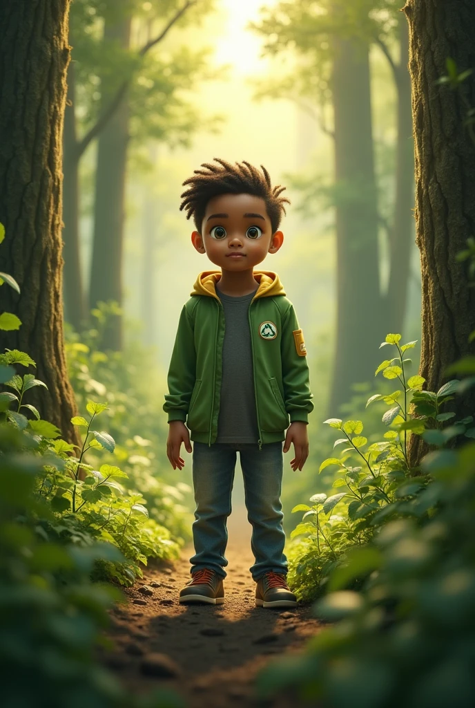 Boy 8 years old, preto, short curly hair, roupas azuis, alegre, ATRAVESSANDO UM RIACHO, FOREST SCENERY OF THE CARNIVORAS PLANT, 3D animation
