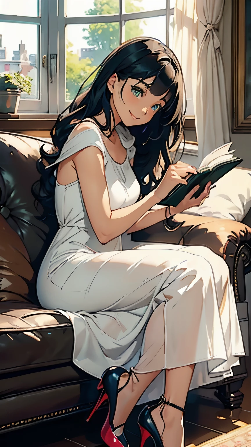 (Style anime), (petite fille, Long brown hair with a lock of hair that hides her left eyes), (tenue : small dark blue sweater, pantalon noir), (decoration : la petite fille est dans sa chambre assise dans sont lit bleu)