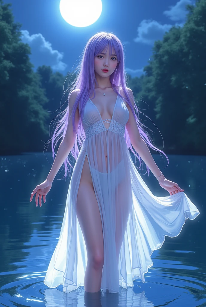 highest quality、Woman with long light purple hair、Slim figure、Sleeveless light blue see-through robe、Back exposure、Standing on a lake in the moonlight